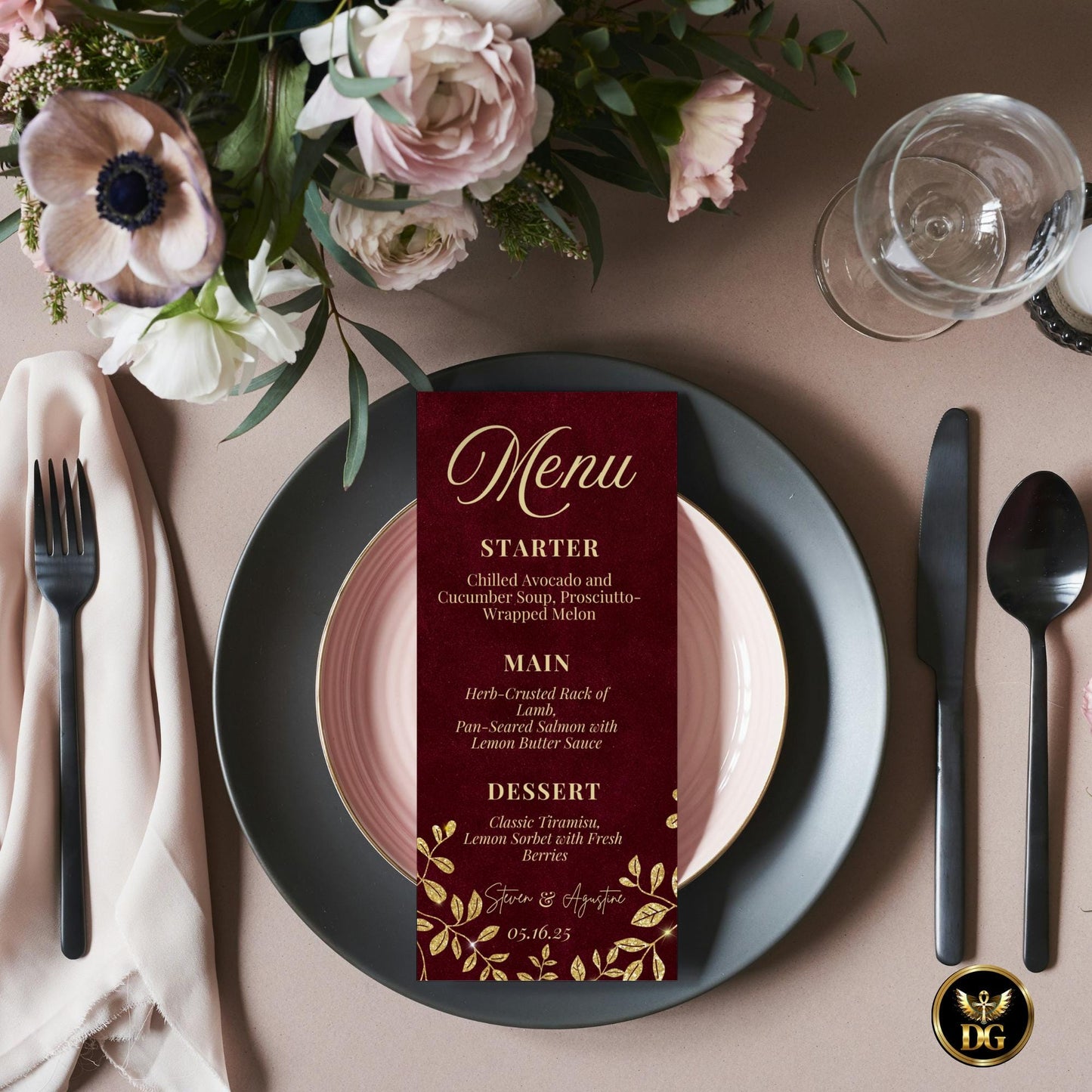 Elegant Burgundy Wedding Invitation with Gold Leaves | Luxury Printable Invite Set | Classic Red & Gold Wedding Card