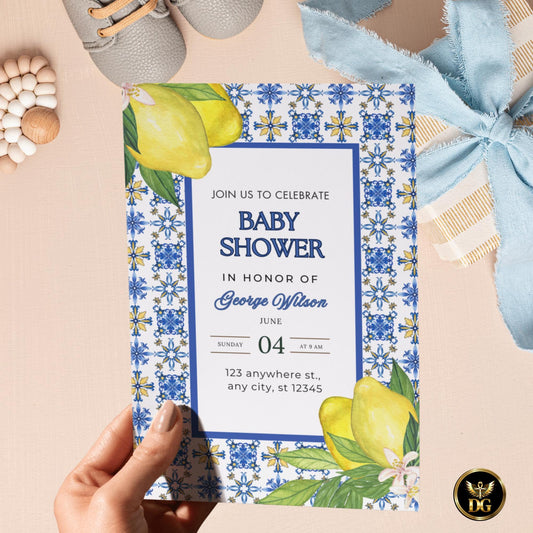 Blue Lemon Baby Shower Invitation Set | Citrus Baby Shower Diaper Raffle & Book Card | Printable Summer Invite