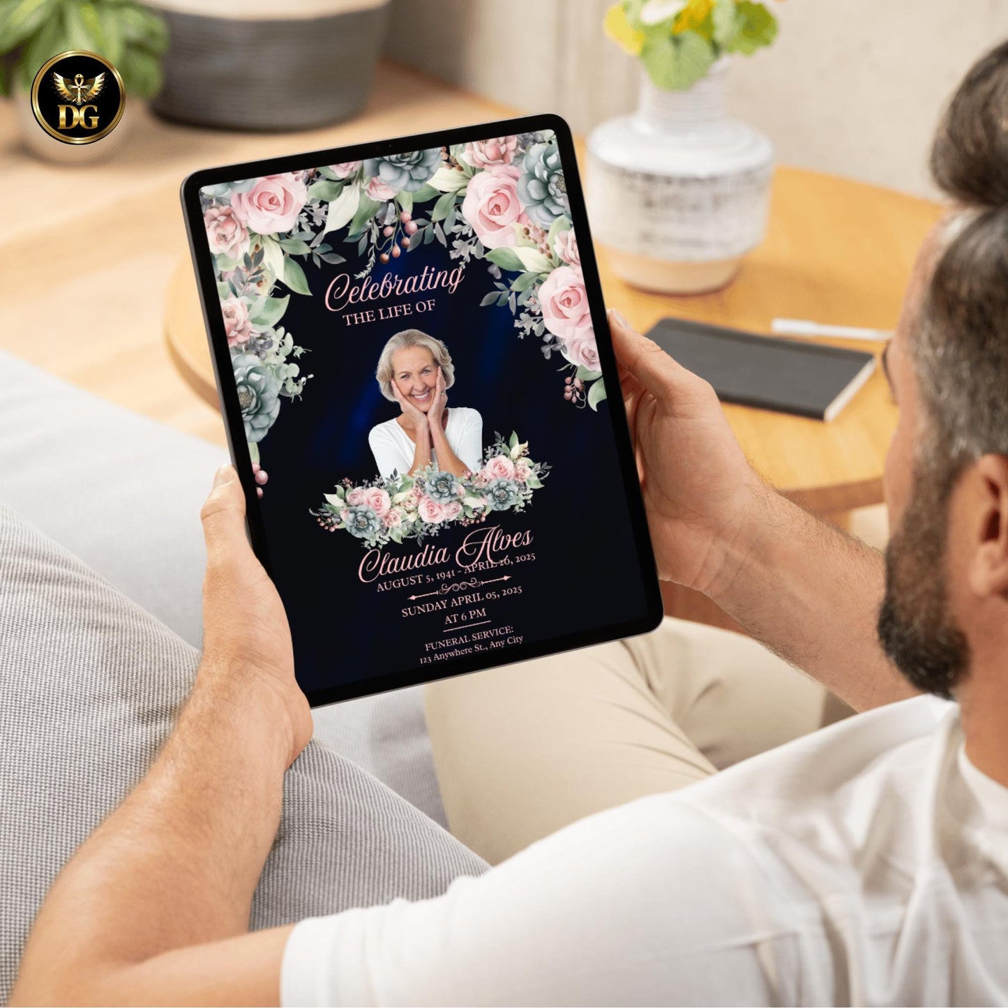 Navy Funeral Invitation with Pink Flowers | Memorial Service Invitation | Celebration of Life Printable Card