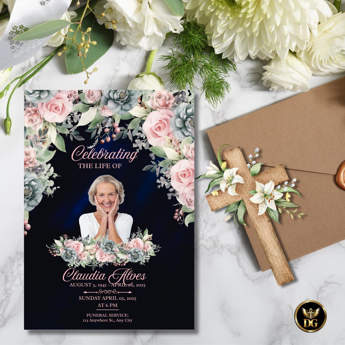 Navy Funeral Invitation with Pink Flowers | Memorial Service Invitation | Celebration of Life Printable Card