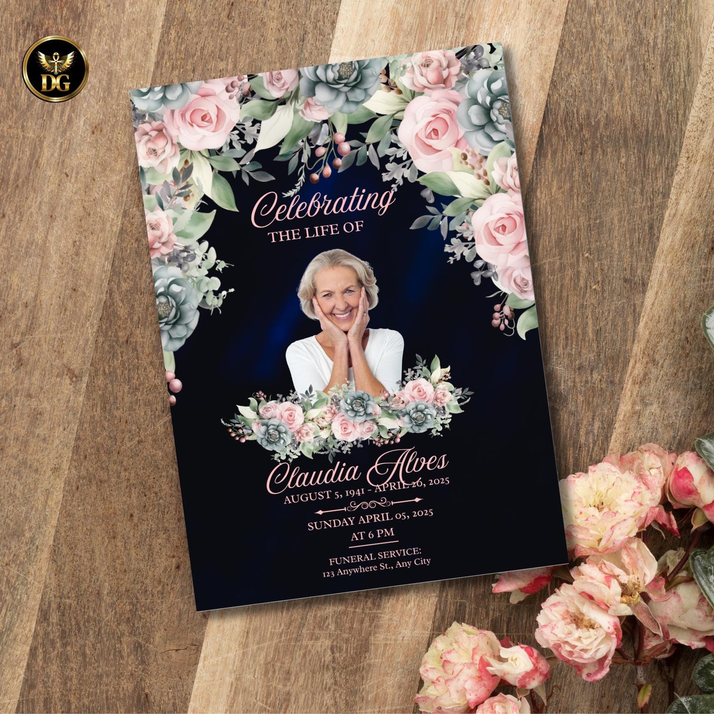 Navy Funeral Invitation with Pink Flowers | Memorial Service Invitation | Celebration of Life Printable Card