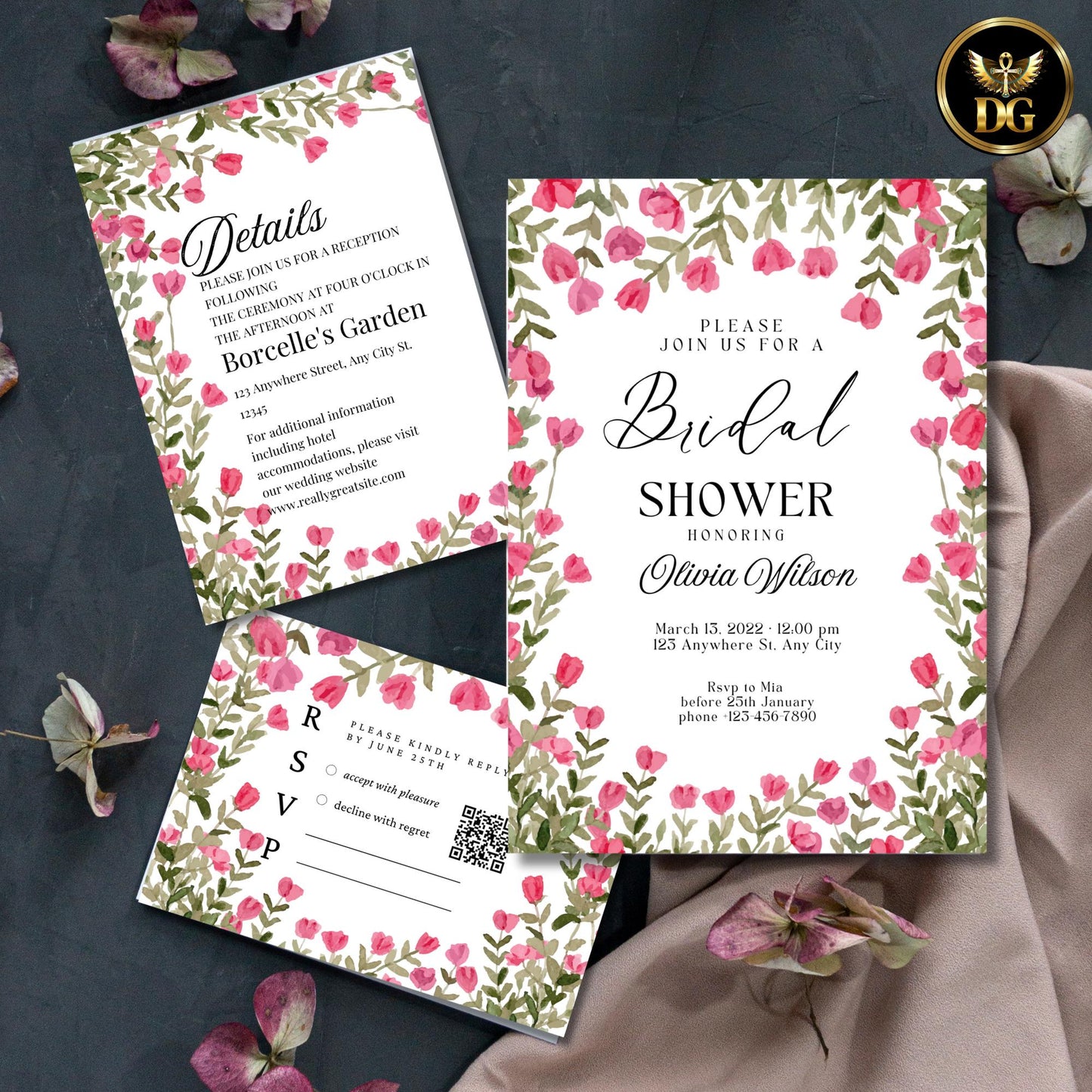 Red Floral Bridal Shower Invitation Suite, Editable Canva Template, Watercolor Greenery Design, Printable Invite with Details & RSVP Cards