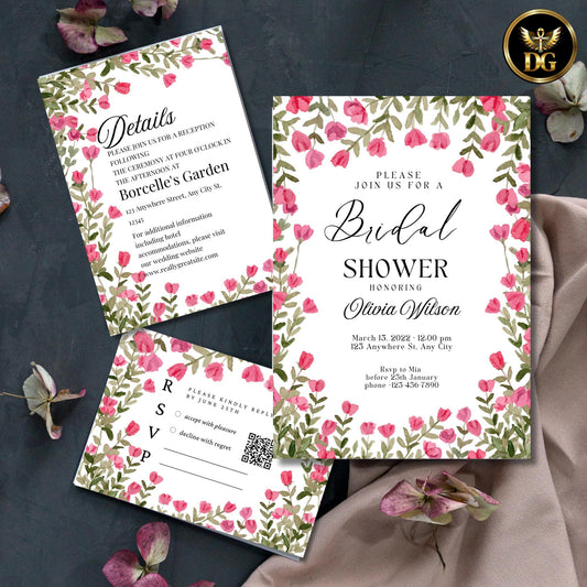 Red Floral Bridal Shower Invitation Suite, Editable Canva Template, Watercolor Greenery Design, Printable Invite with Details & RSVP Cards