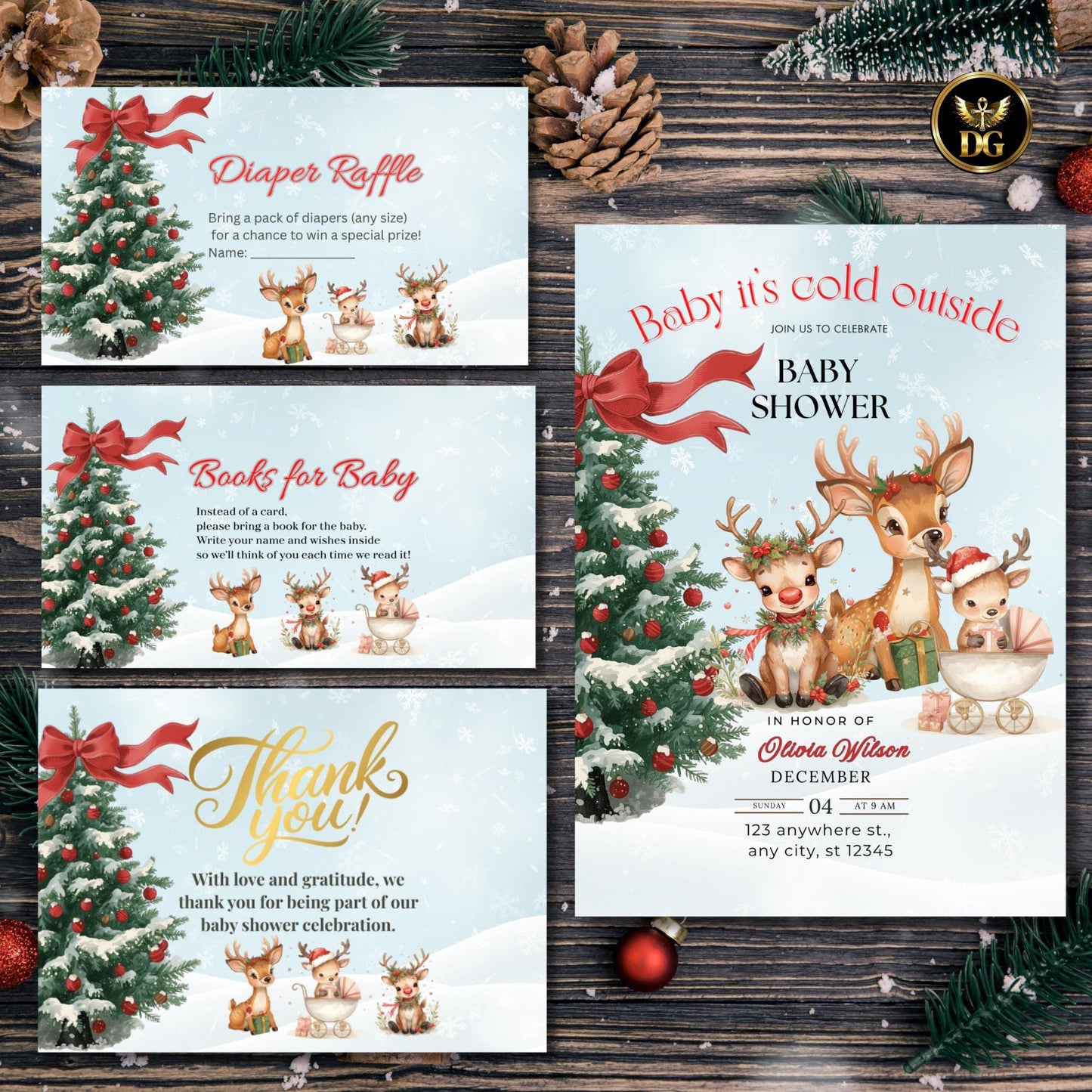 Boho Christmas Baby Shower Invitation Set Reindeer Theme Neutral Winter Baby Bundle Editable Template Gender Neutral Holiday Baby Shower