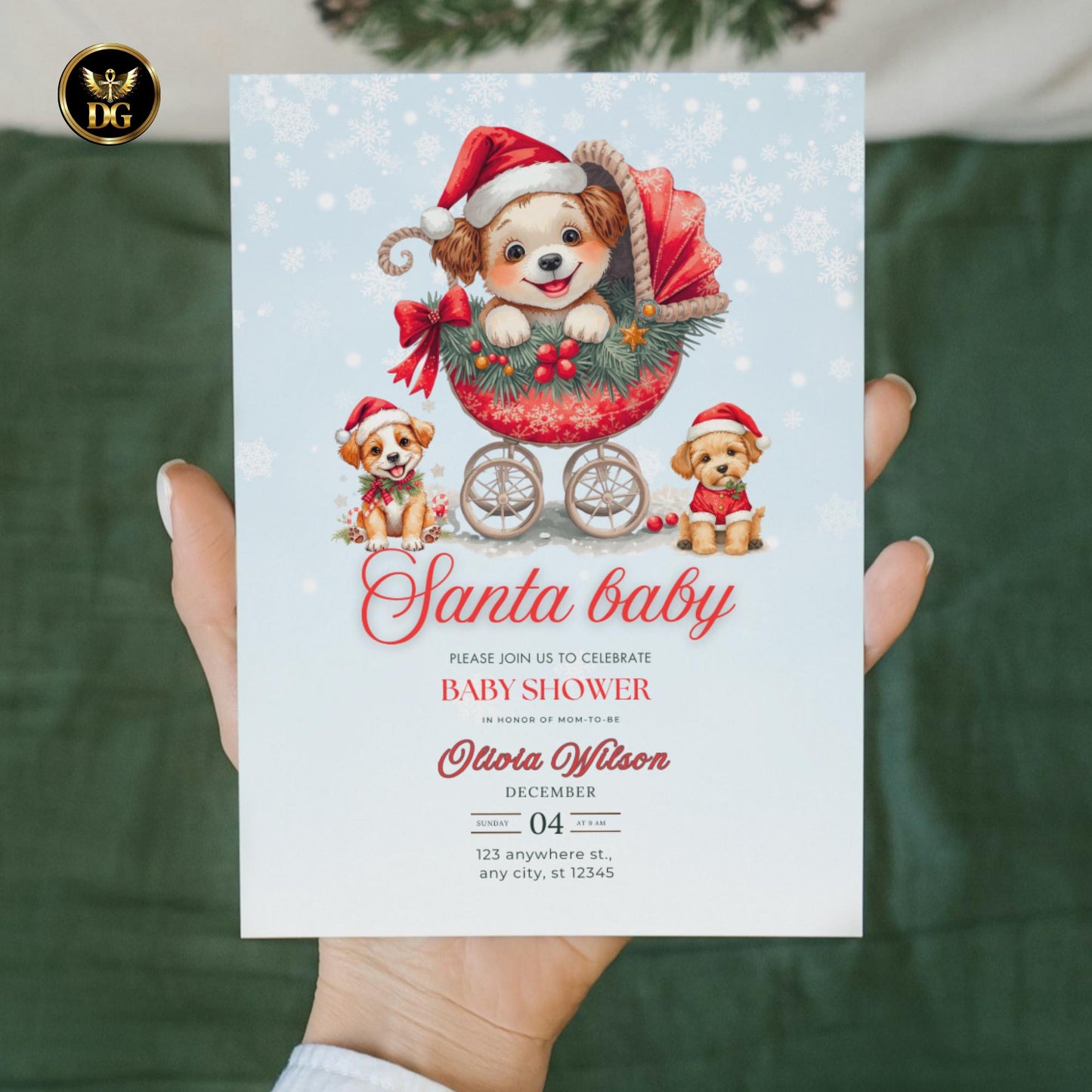 Christmas Puppy Baby Shower Bundle | Cute Dog in Santa Stroller | Editable Winter Baby Invite Set | Boho Festive Watercolor Templates