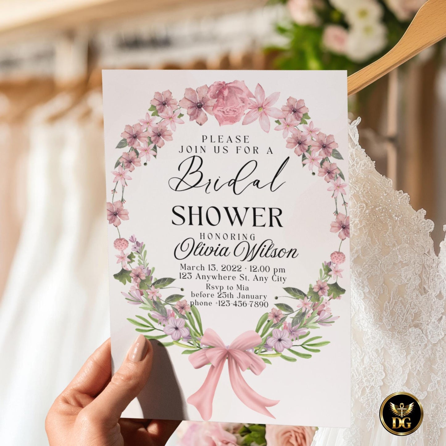 Pink Floral Bridal Shower Invitation Suite, Editable Canva Template, Beige Watercolor with RSVP & Details Cards, Elegant Instant Download