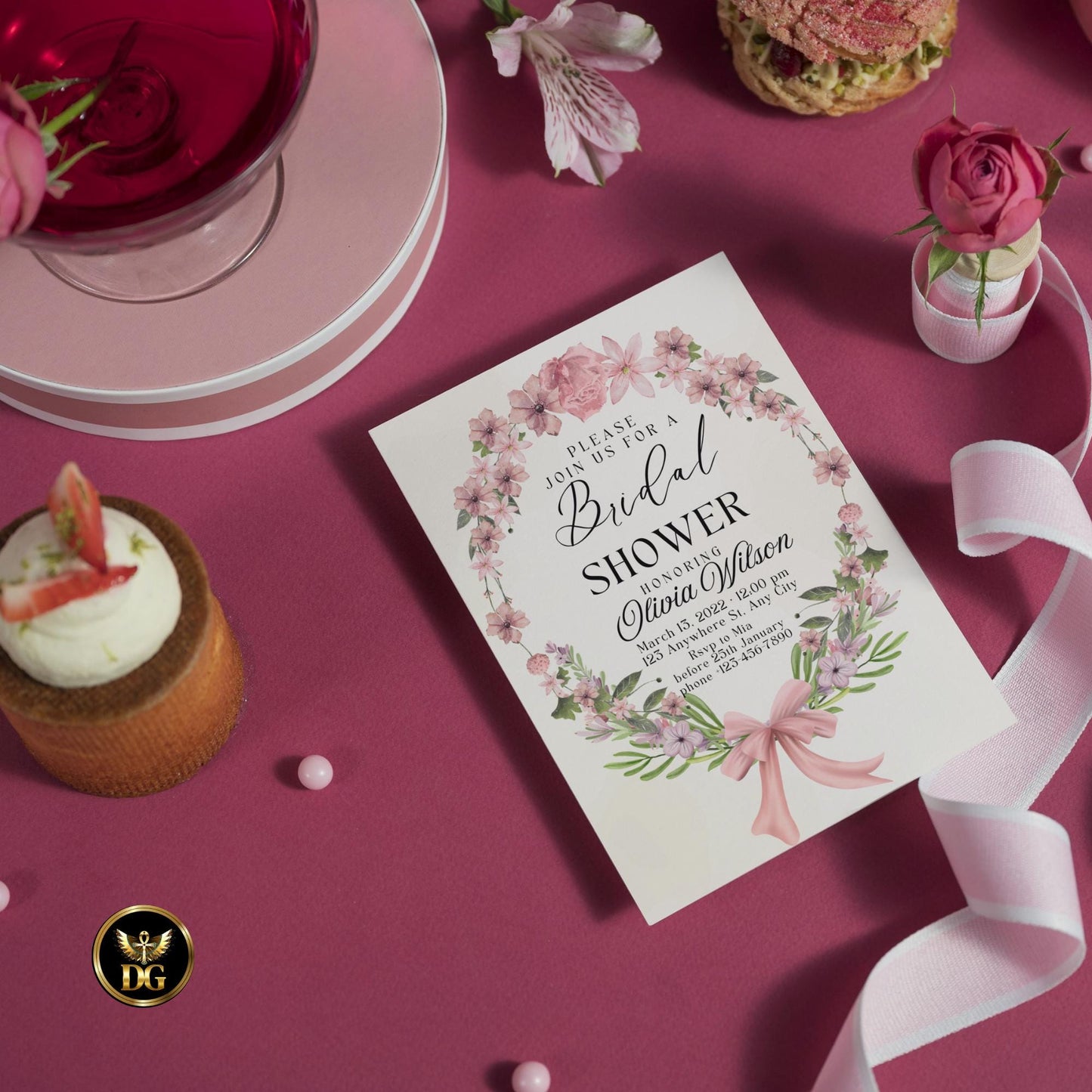 Pink Floral Bridal Shower Invitation Suite, Editable Canva Template, Beige Watercolor with RSVP & Details Cards, Elegant Instant Download