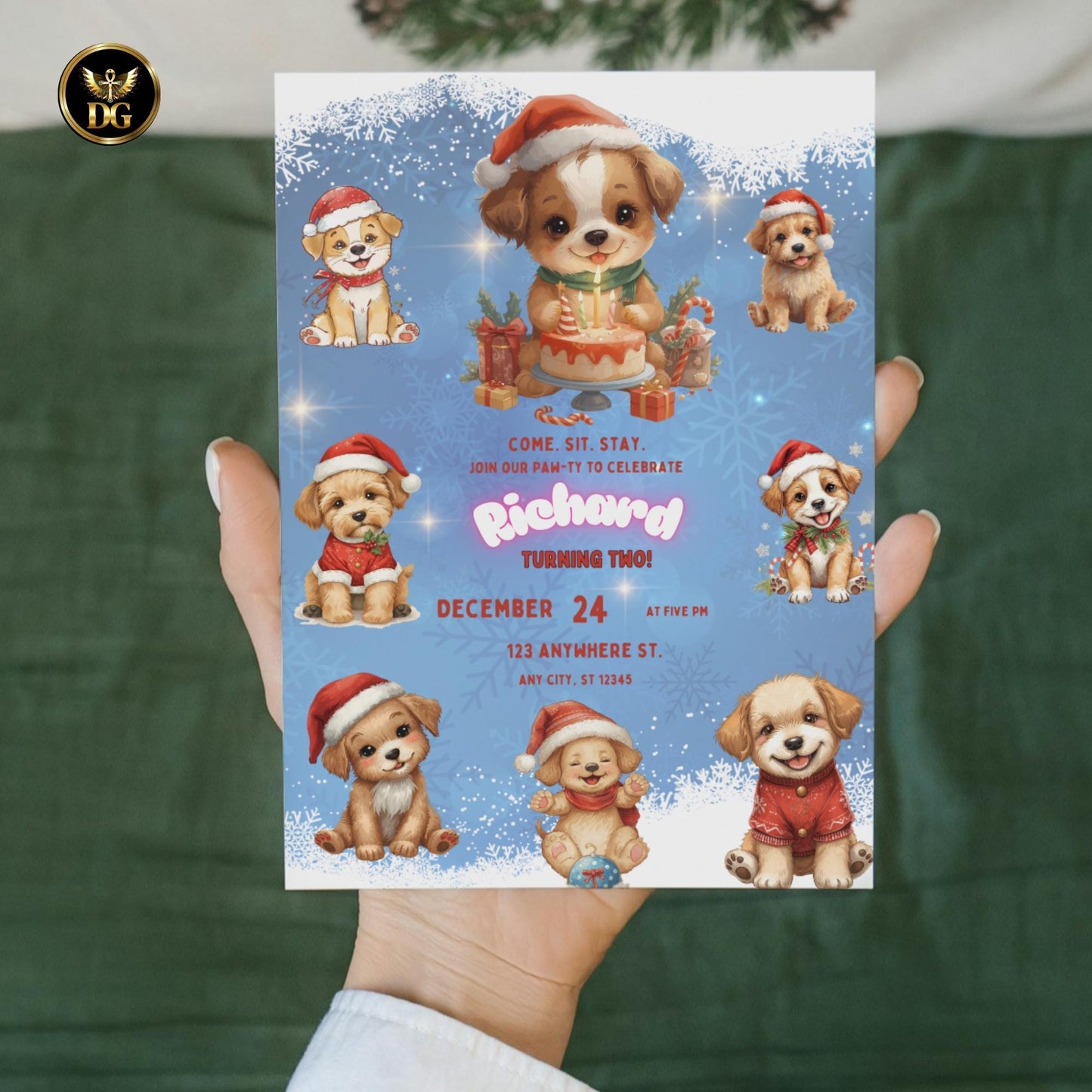 Christmas Dog Birthday party Template, Cute Puppy Cake Candles, Holiday Pet Invitation Winter Snow Blue Background Editable Dog Party Invite