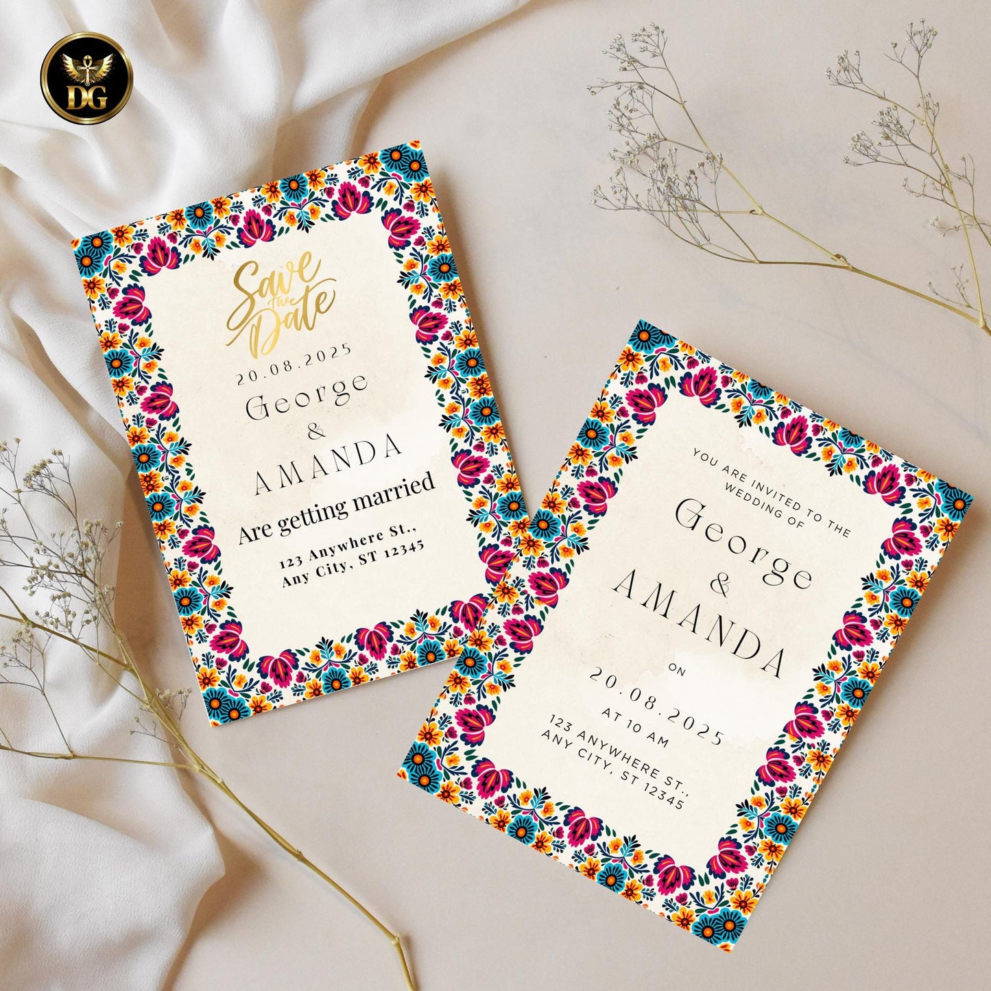 Mexican Style Wedding Invitation Suite, Boho Elegant Beige & Gold, Watercolor Template, Editable Canva, Printable Bundle with 6 Cards