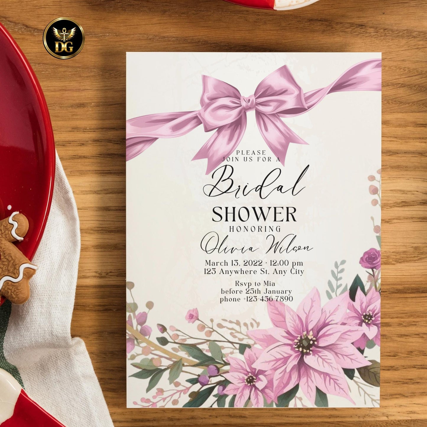 Elegant Pink Christmas Bridal Shower bundal Invitation | Winter Wedding Template | DIY Printable Holiday Invite Set