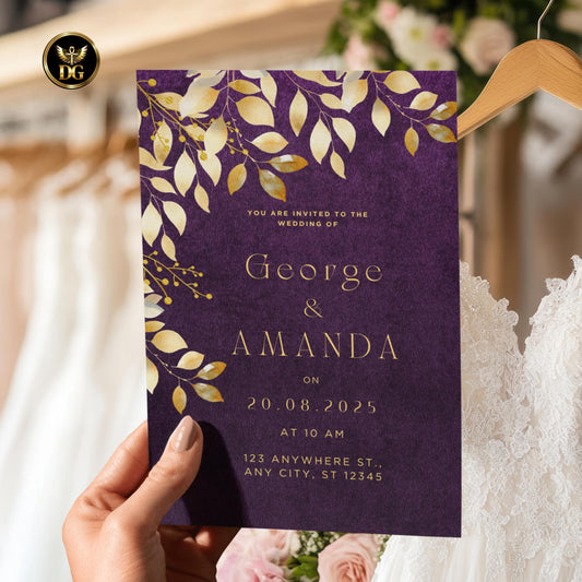 Luxury Deep Purple, Gold Wedding Invitation Suite, Editable Canva Template, Royal Velvet Gold Foil, Printable Bundle with Menu & RSVP