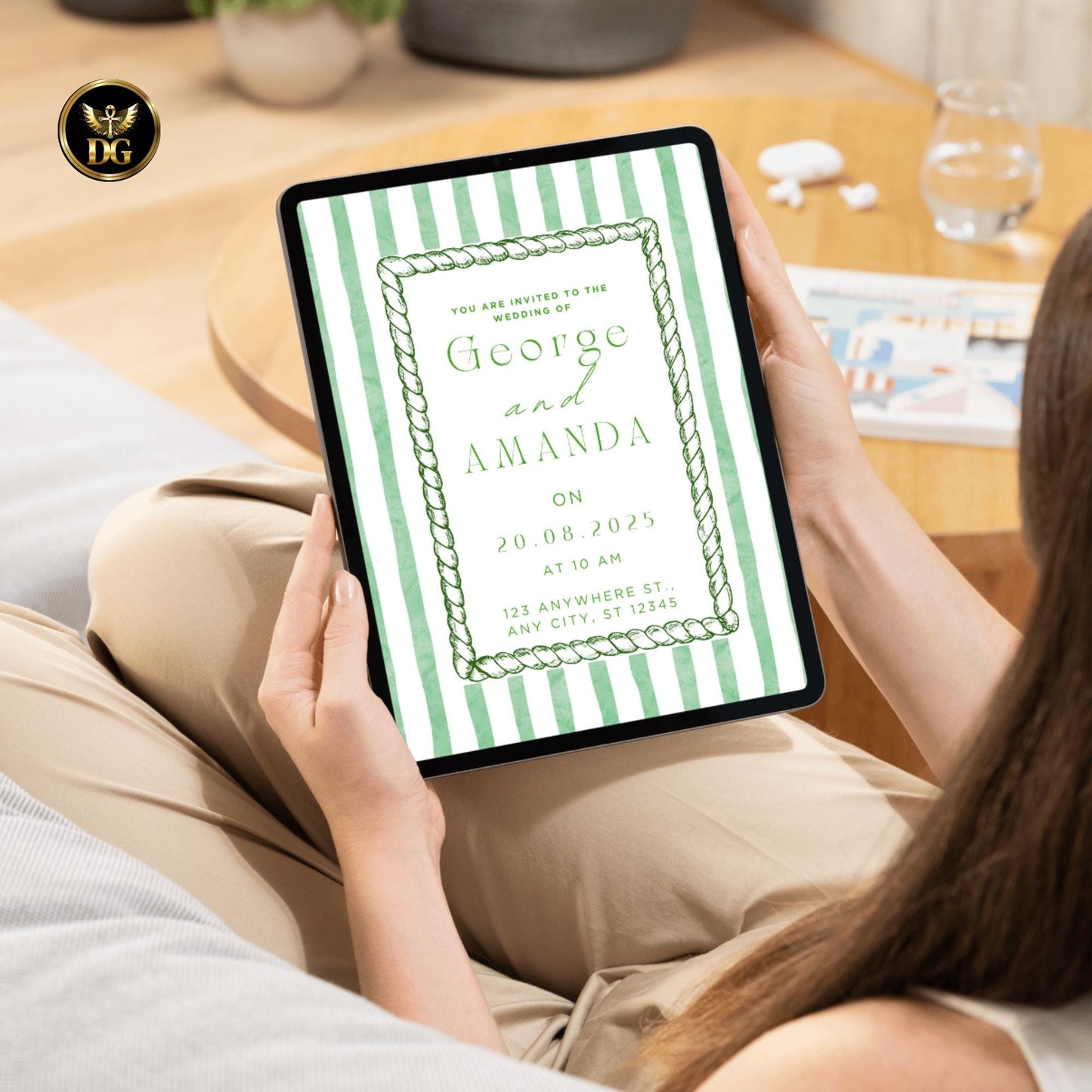 Green Striped Wedding Invitation Suite, Editable Canva Template, Classic Elegant Design, Printable Bundle with Menu, RSVP & Thank You Cards