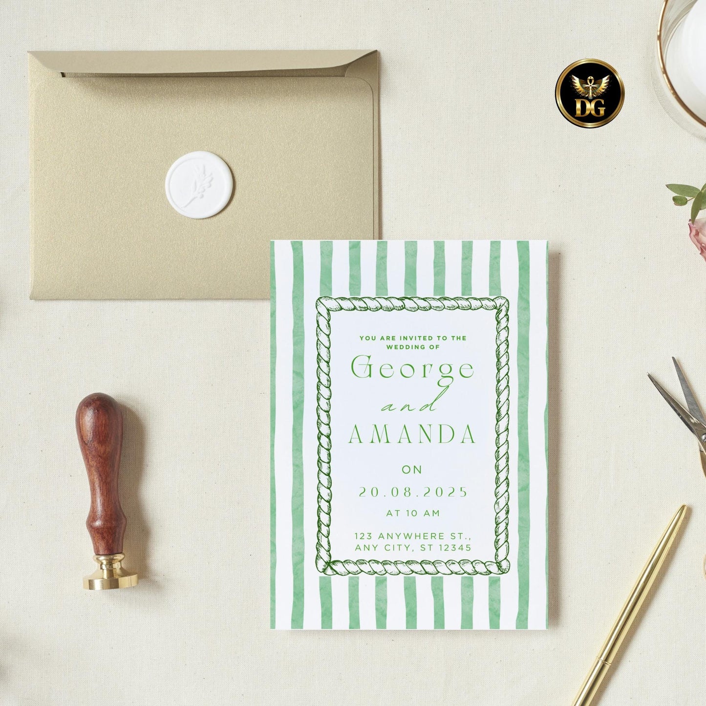 Green Striped Wedding Invitation Suite, Editable Canva Template, Classic Elegant Design, Printable Bundle with Menu, RSVP & Thank You Cards