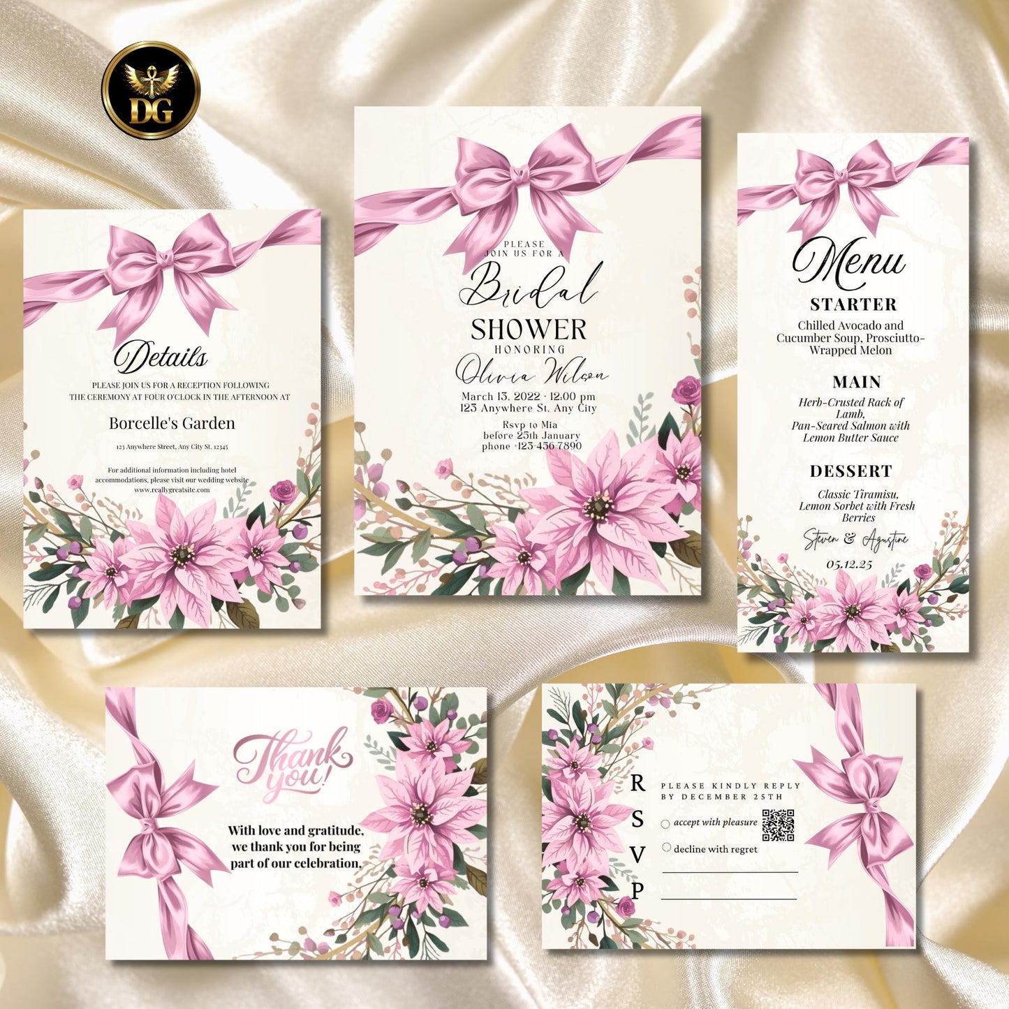 Elegant Pink Christmas Bridal Shower bundal Invitation | Winter Wedding Template | DIY Printable Holiday Invite Set