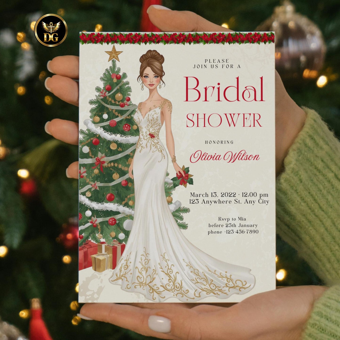 Christmas Bridal Shower Invitation Bundle Cream Gold | Elegant Holiday Wedding Shower | Winter Bride Canva Template | Xmas RSVP, Details
