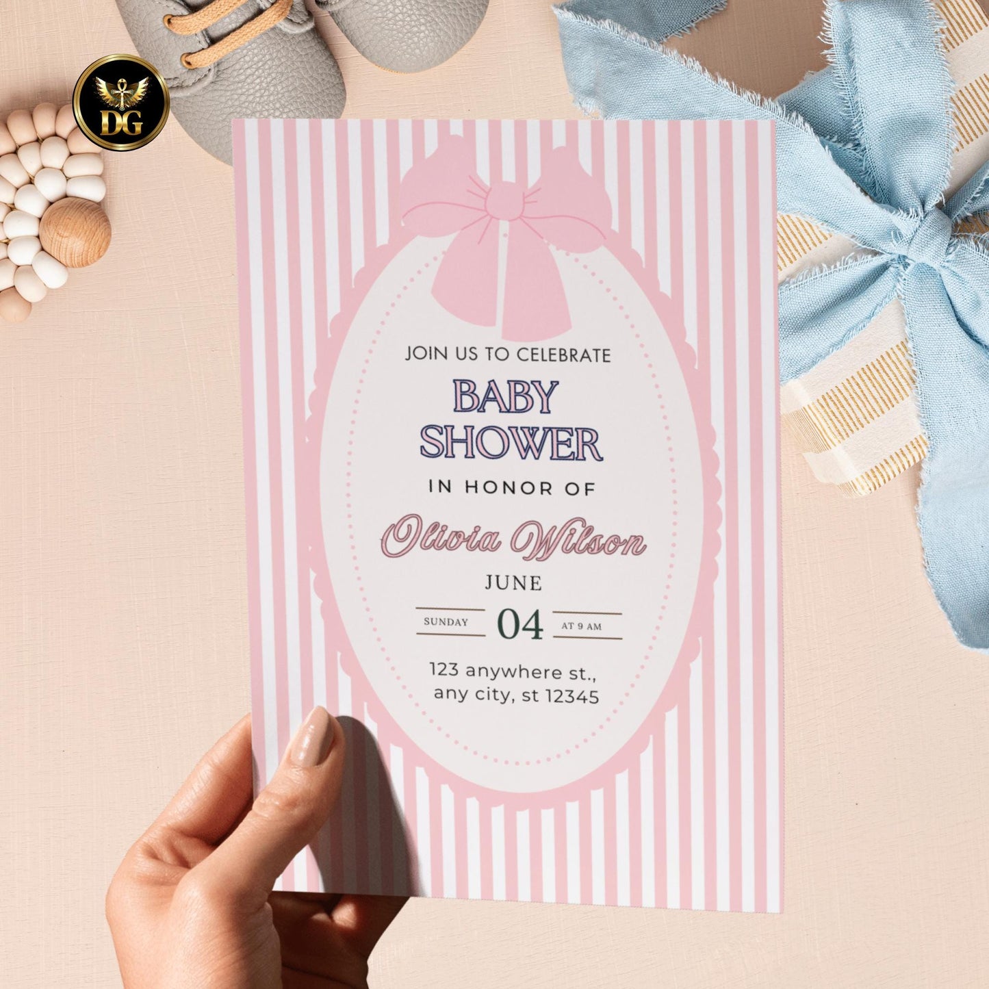 Pink Striped Baby Shower Invitation Suite, Editable Canva Template, Elegant Girl Shower with Bow, Oval Frame, Diaper Raffle & Book Card