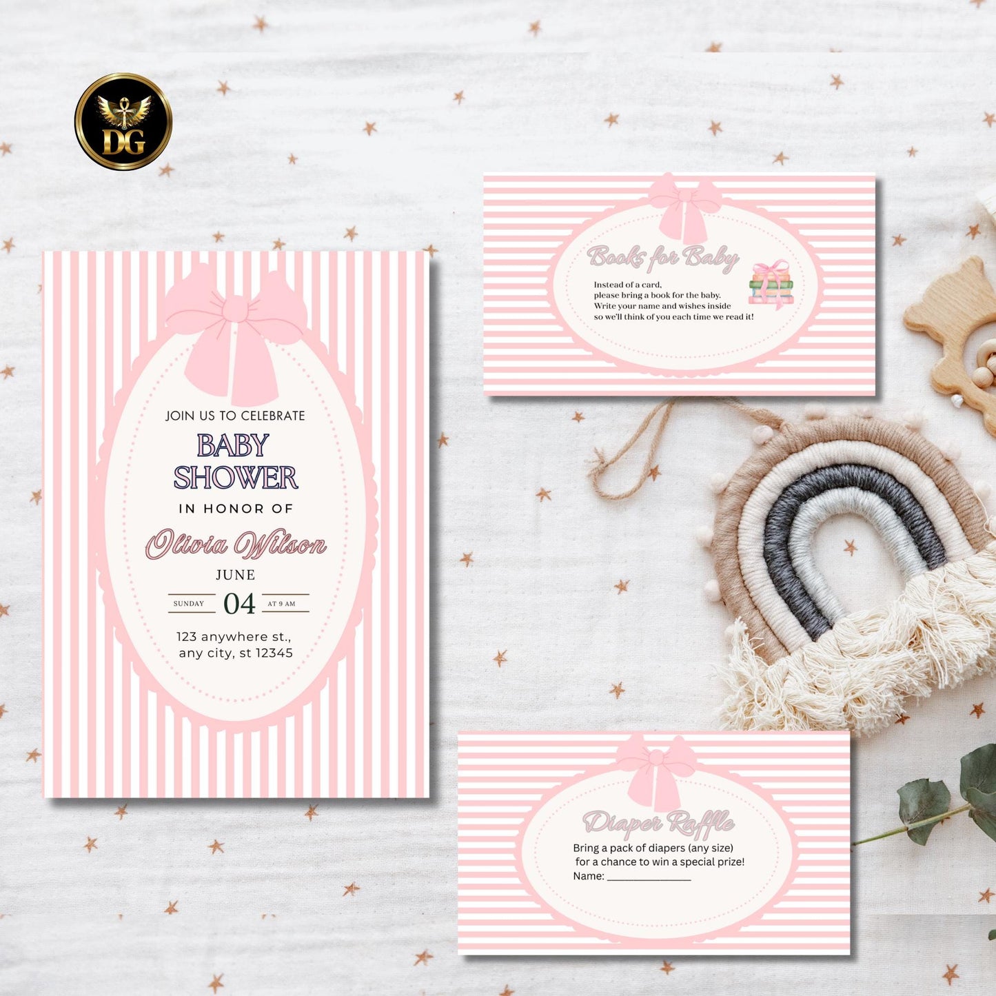 Pink Striped Baby Shower Invitation Suite, Editable Canva Template, Elegant Girl Shower with Bow, Oval Frame, Diaper Raffle & Book Card