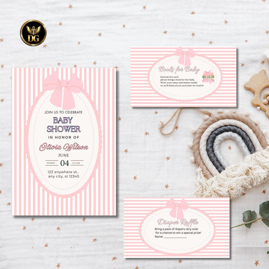 Pink Striped Baby Shower Invitation Suite, Editable Canva Template, Elegant Girl Shower with Bow, Oval Frame, Diaper Raffle & Book Card