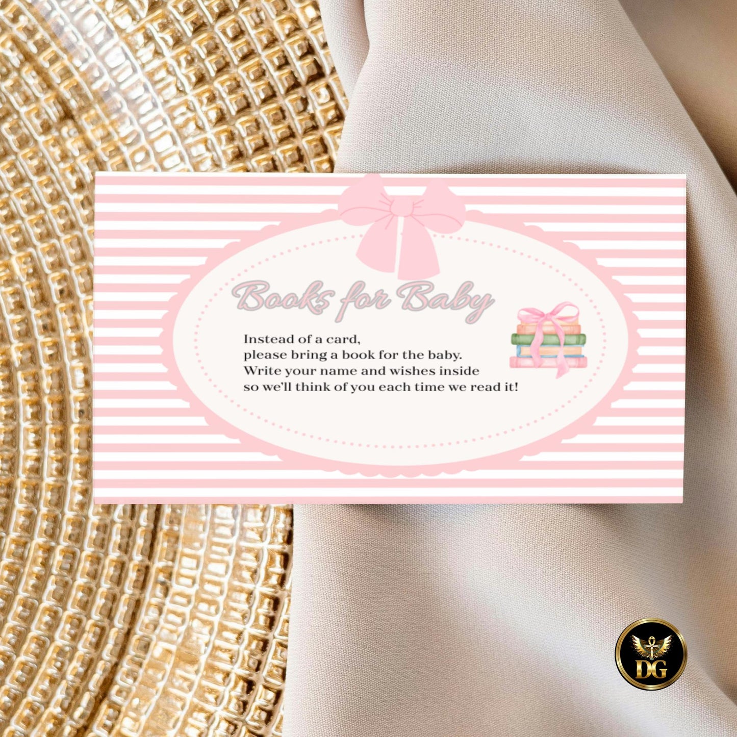 Pink Striped Baby Shower Invitation Suite, Editable Canva Template, Elegant Girl Shower with Bow, Oval Frame, Diaper Raffle & Book Card