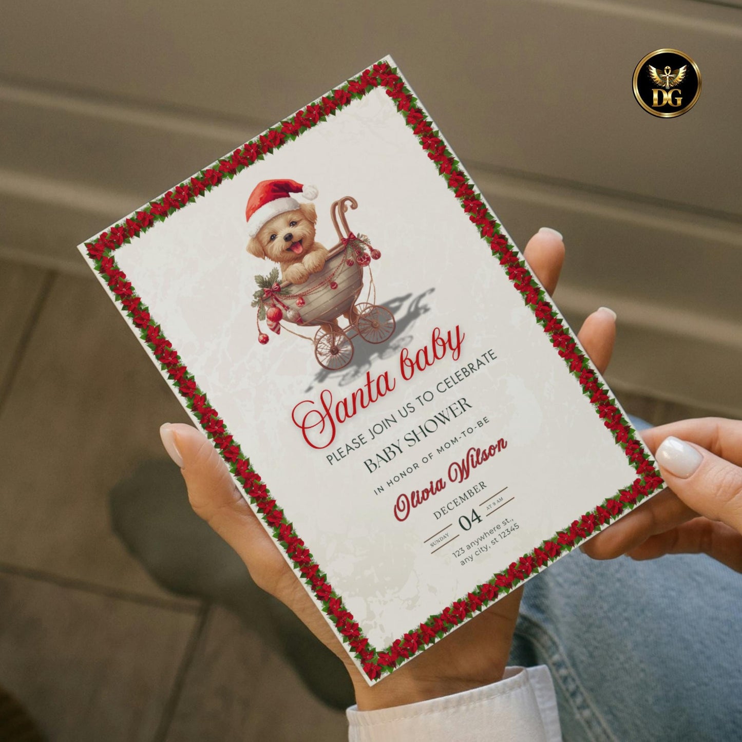 Santa Baby Shower Invitation Set | Christmas Baby Shower Bundle | Cream Gold Red Floral Car Theme Editable Holiday Template Instant Download