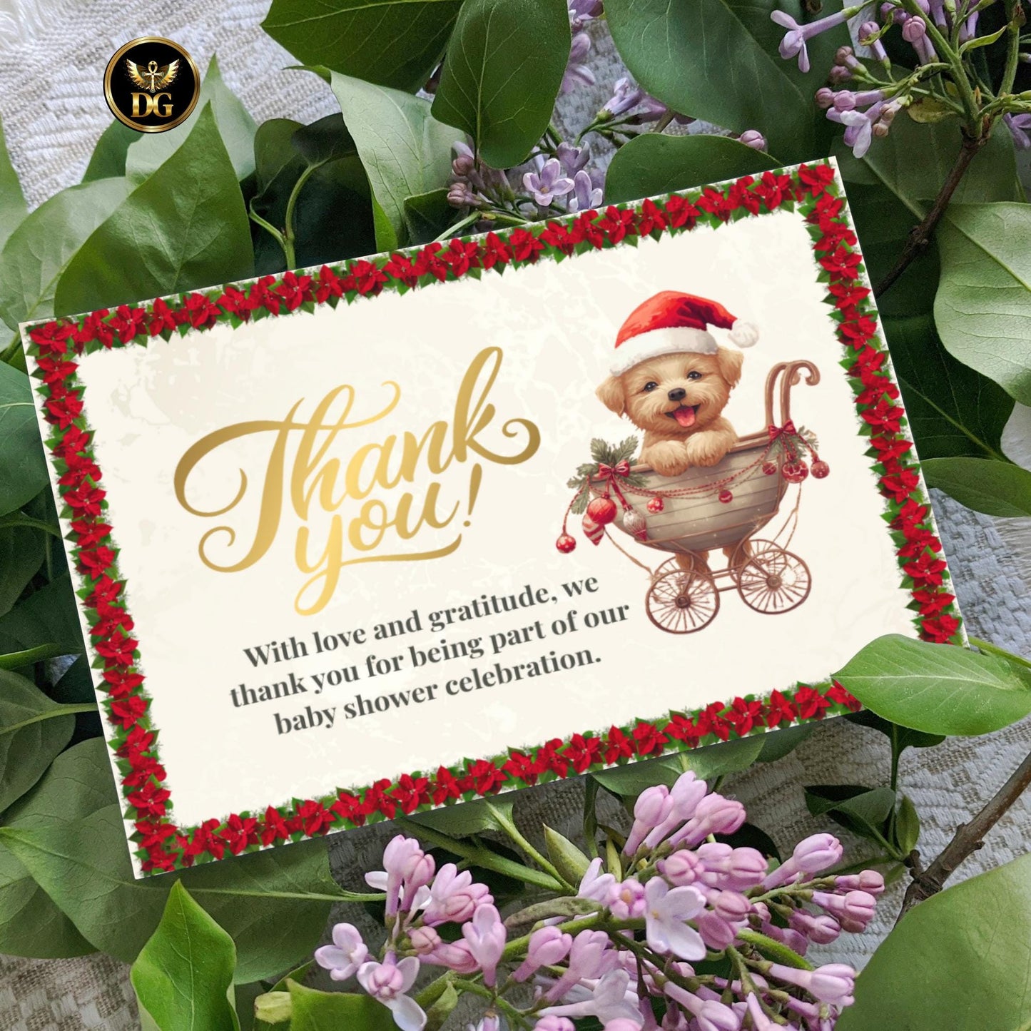 Santa Baby Shower Invitation Set | Christmas Baby Shower Bundle | Cream Gold Red Floral Car Theme Editable Holiday Template Instant Download