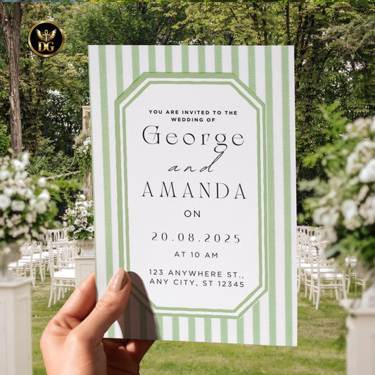 Green Striped Wedding Invitation Suite, Editable Canva Template, Classic Elegant Design, Printable Bundle with RSVP, Menu, Thank You Cards