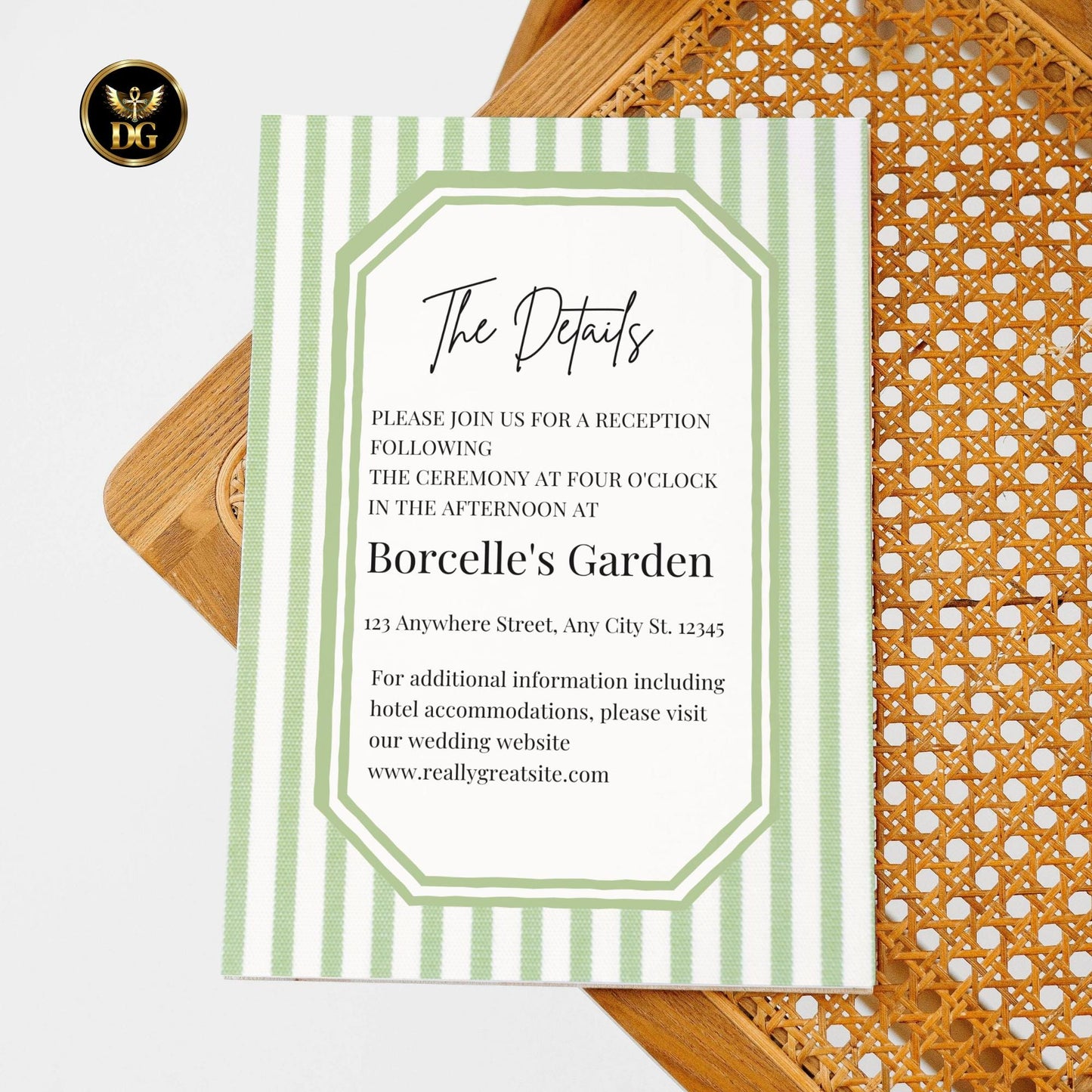 Green Striped Wedding Invitation Suite, Editable Canva Template, Classic Elegant Design, Printable Bundle with RSVP, Menu, Thank You Cards