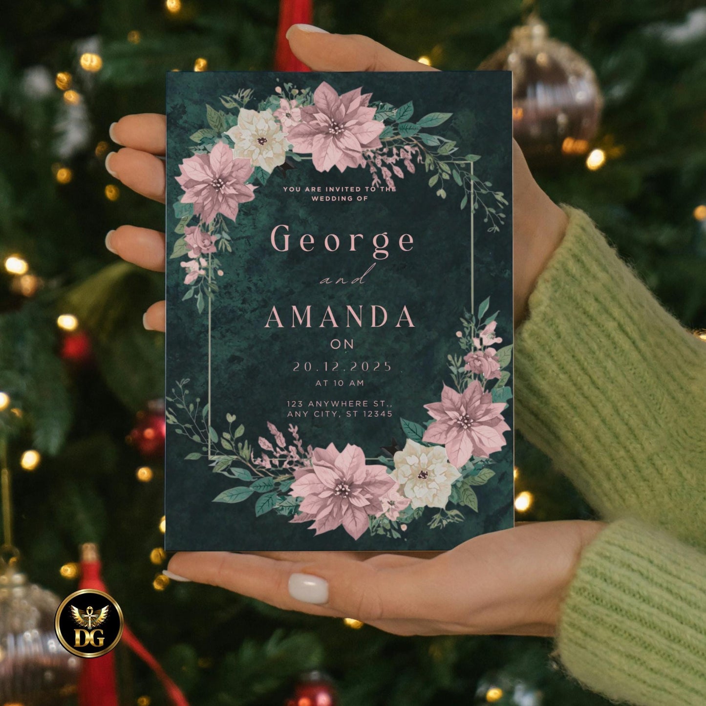 Emerald Velvet Christmas Wedding Invitation Set | Elegant Pink Floral Winter Wedding Bundle | Holiday Invitation, Menu, RSVP