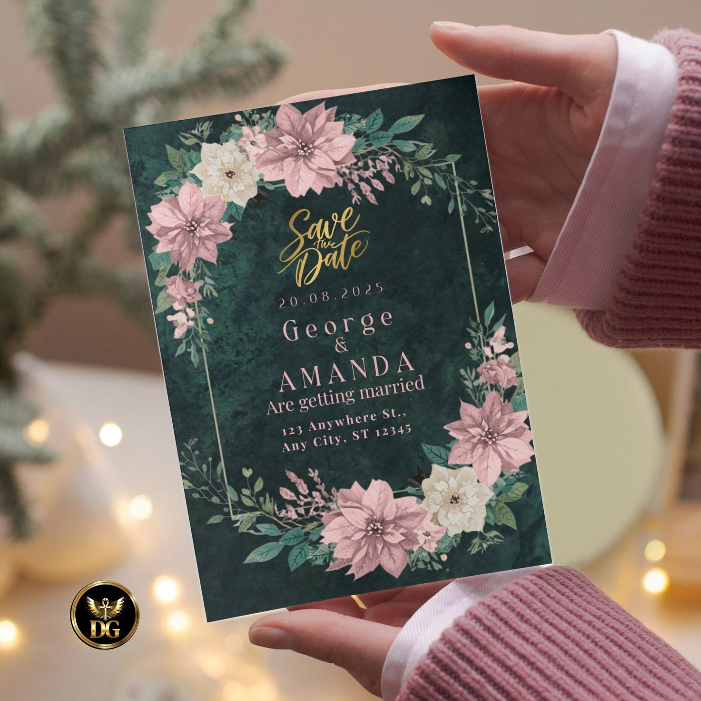 Emerald Velvet Christmas Wedding Invitation Set | Elegant Pink Floral Winter Wedding Bundle | Holiday Invitation, Menu, RSVP