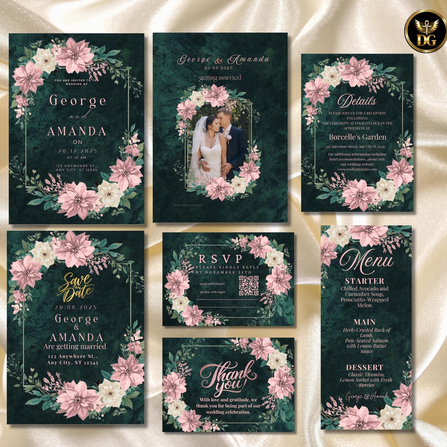 Emerald Velvet Christmas Wedding Invitation Set | Elegant Pink Floral Winter Wedding Bundle | Holiday Invitation, Menu, RSVP