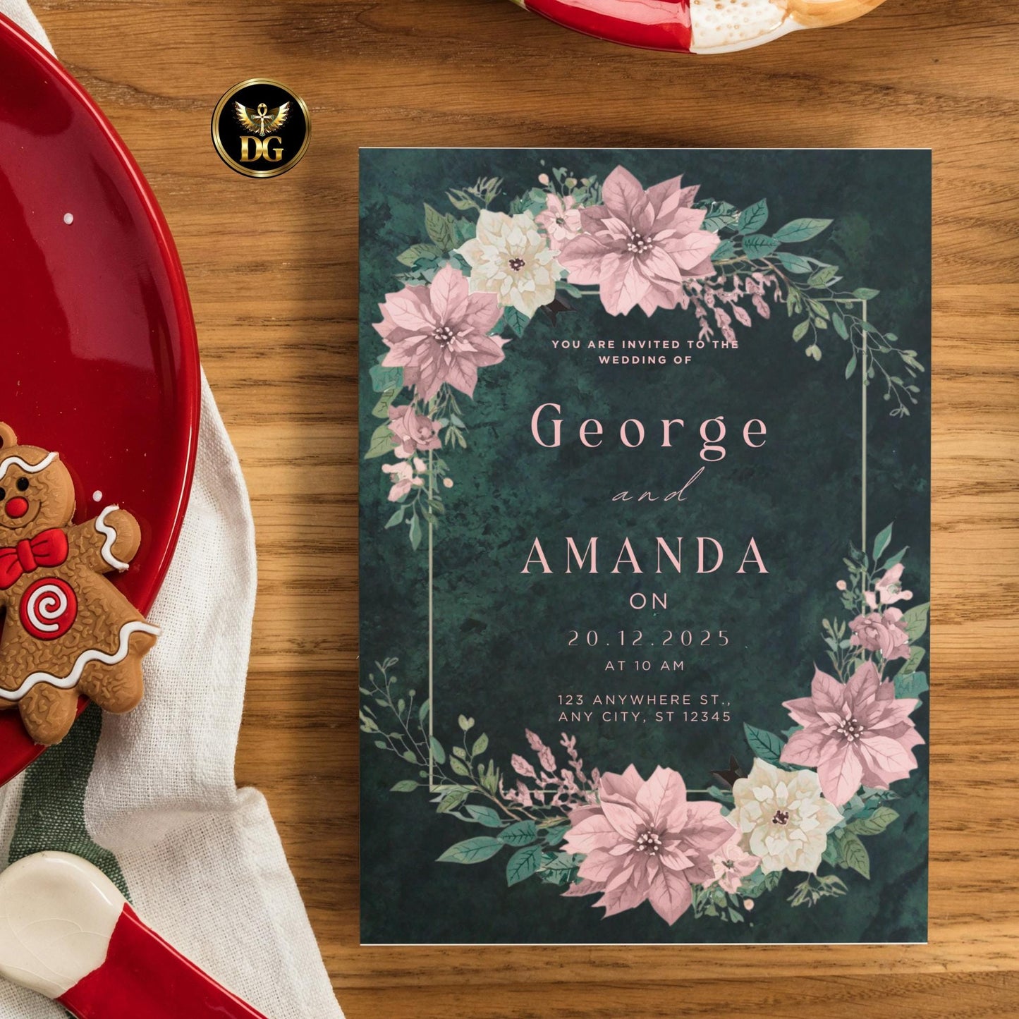 Emerald Velvet Christmas Wedding Invitation Set | Elegant Pink Floral Winter Wedding Bundle | Holiday Invitation, Menu, RSVP