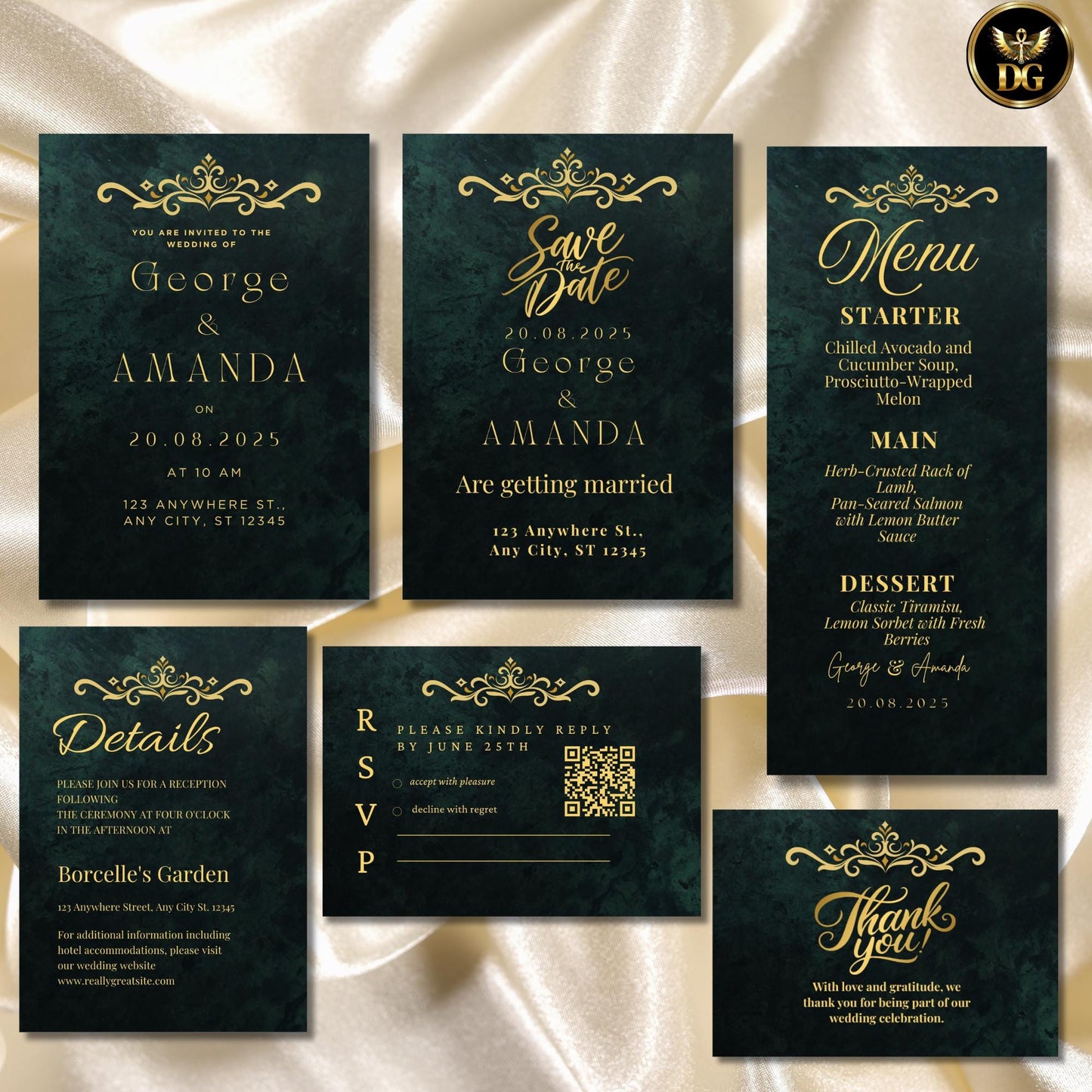 Royal Green and Gold Wedding Invitation Suite, Elegant Crown Invite, Emerald Luxury Template, Editable Canva, Printable Download