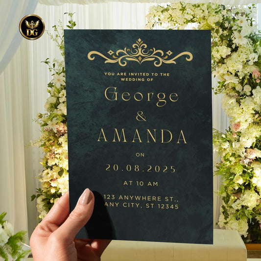 Royal Green and Gold Wedding Invitation Suite, Elegant Crown Invite, Emerald Luxury Template, Editable Canva, Printable Download