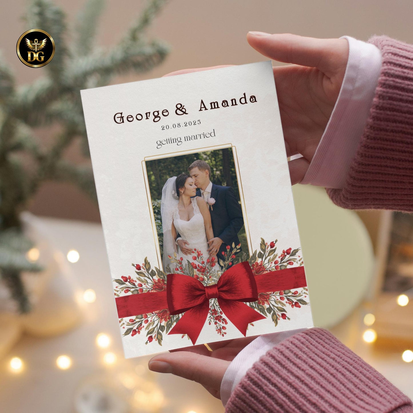 Elegant Christmas Wedding Invitation Bundle | Cream Gold Red Ribbon Holiday Wedding Set | Festive Printable Template | Winter Wedding Invite