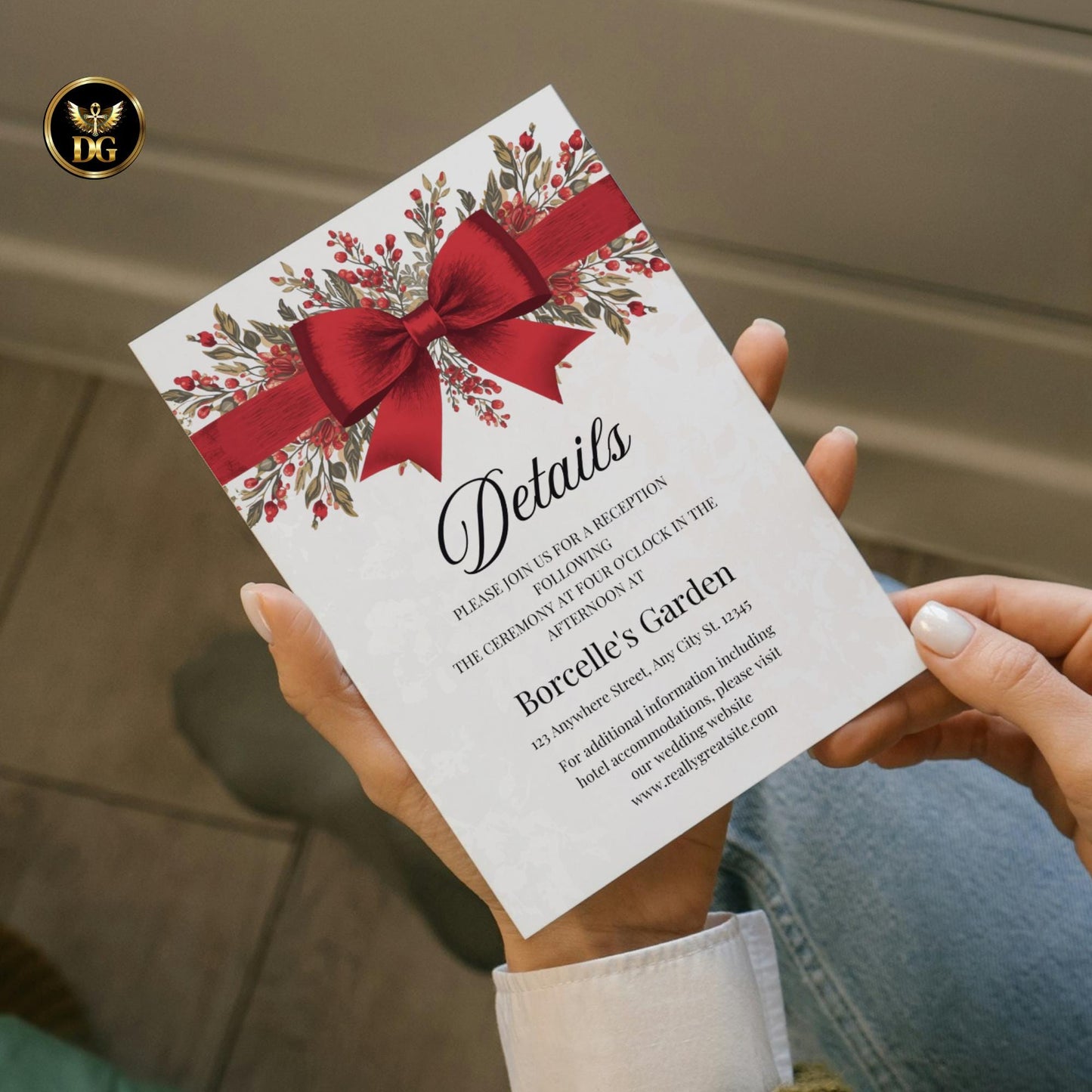 Elegant Christmas Wedding Invitation Bundle | Cream Gold Red Ribbon Holiday Wedding Set | Festive Printable Template | Winter Wedding Invite