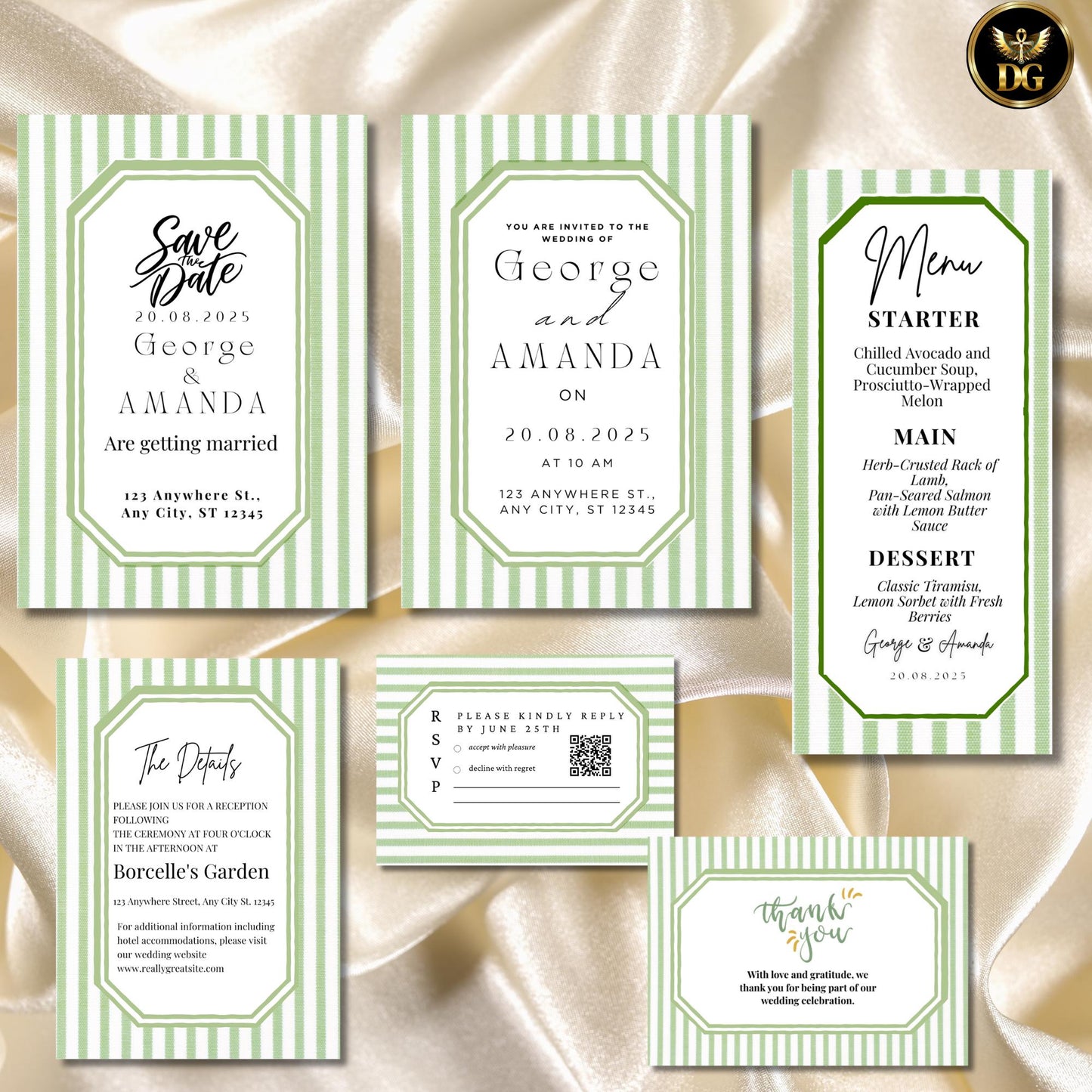 Green Striped Wedding Invitation Suite, Editable Canva Template, Classic Elegant Design, Printable Bundle with RSVP, Menu, Thank You Cards