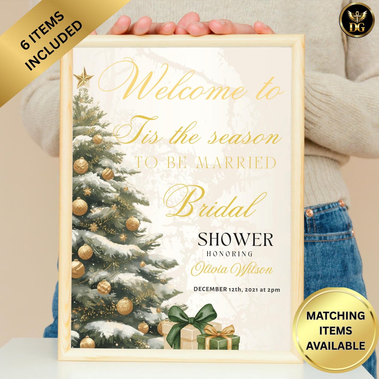 Tis the Season to be Married Bridal Shower Signs Bundle | 6 Gold Editable Canva Templates | Welcome & Table Signs | Winter Wedding Decor