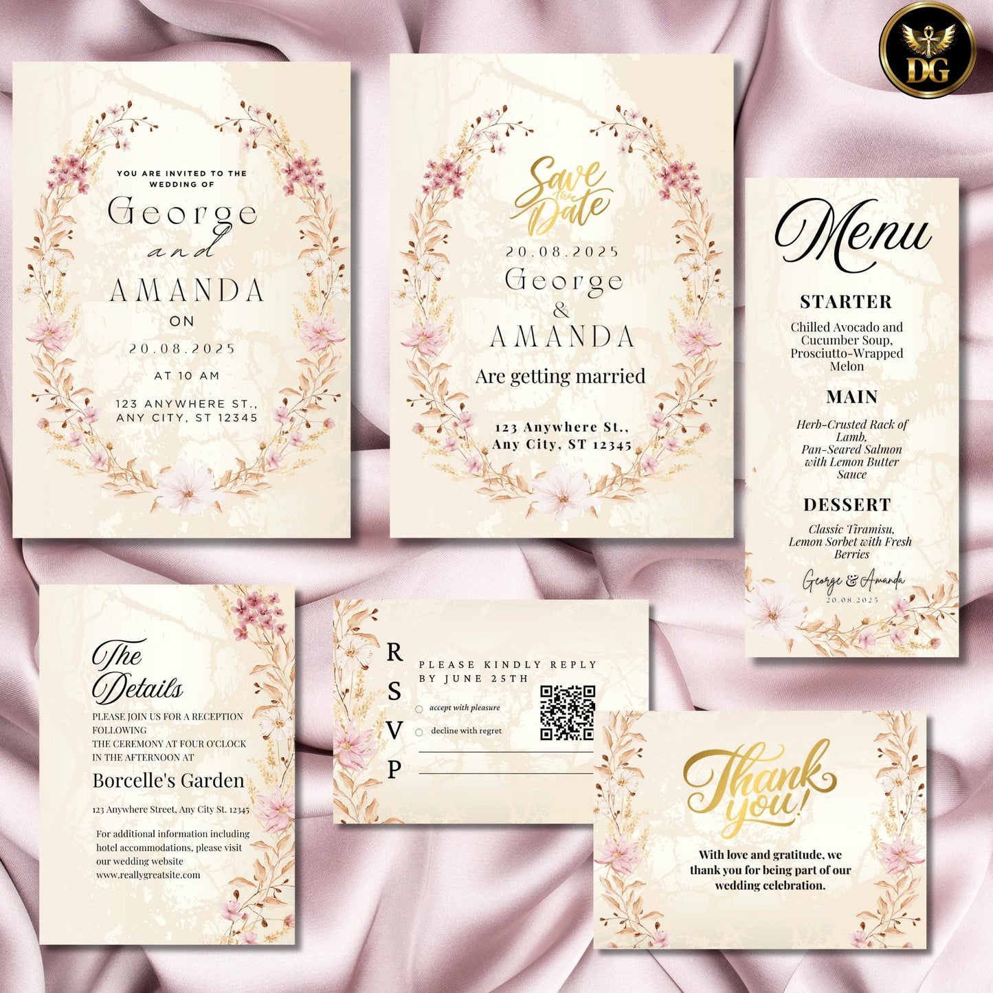 Elegant Pastel Pink, Gold Boho Wedding Invite Bundle Printable Digital Template Save the Date Details, Menu RSVP Thank you, Instant Download
