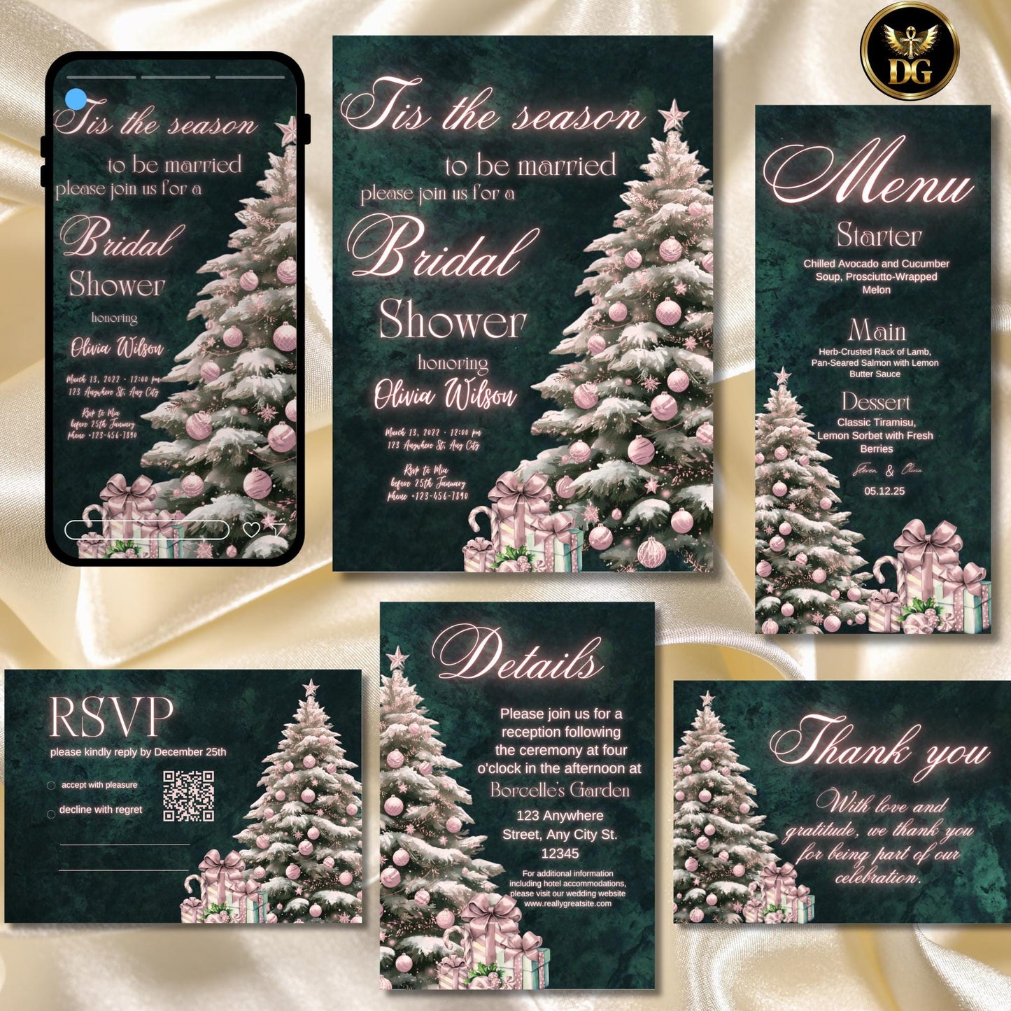 Tis The Season to Be Married Bridal Shower Invitation Set Christmas Bridal Shower Invite Holiday Emeraled Green Template Winter Wedding