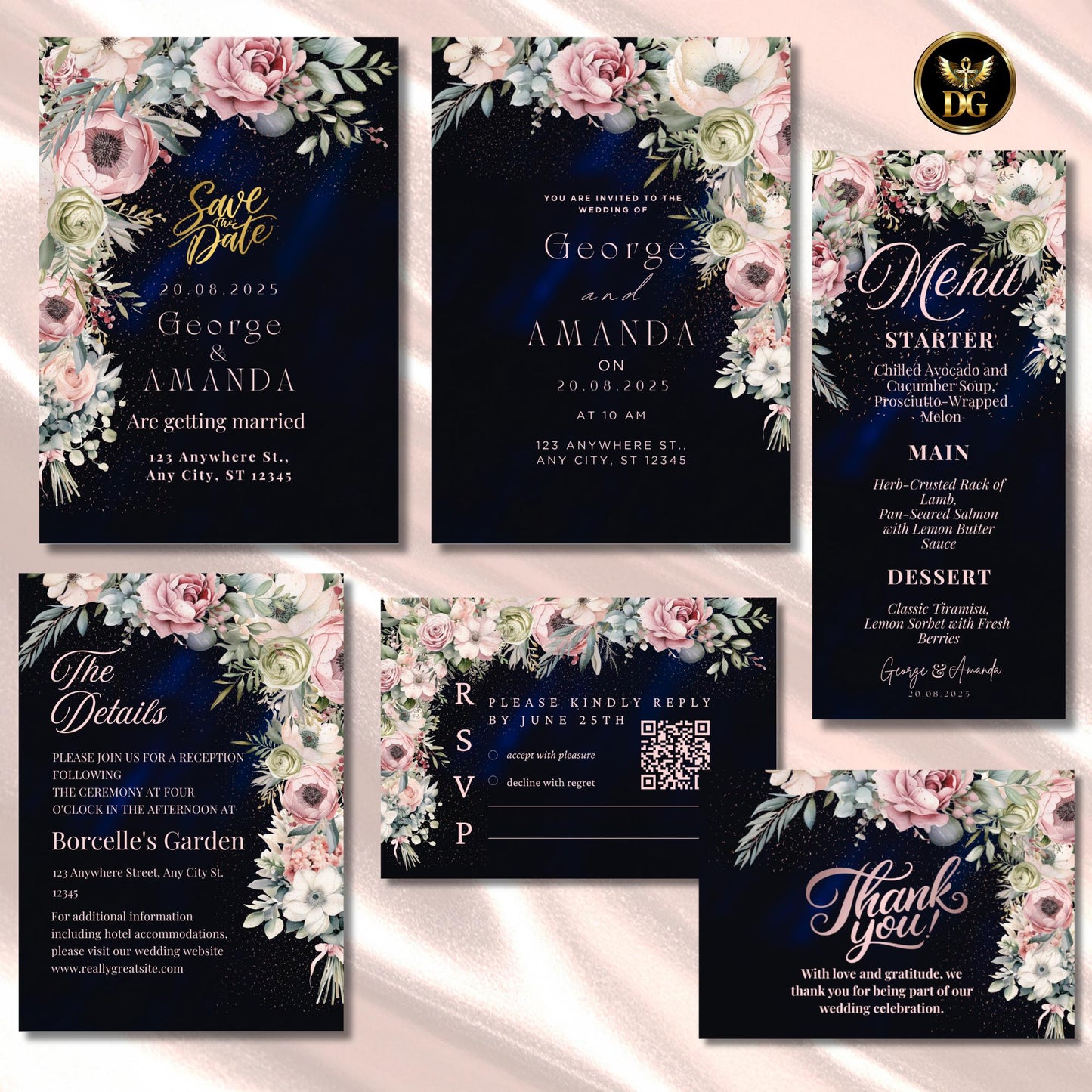 Elegant Navy Floral Wedding Invitation Suite Canva Template | Editable Wedding Set with RSVP Menu Details Thank You Card | Printable Invite