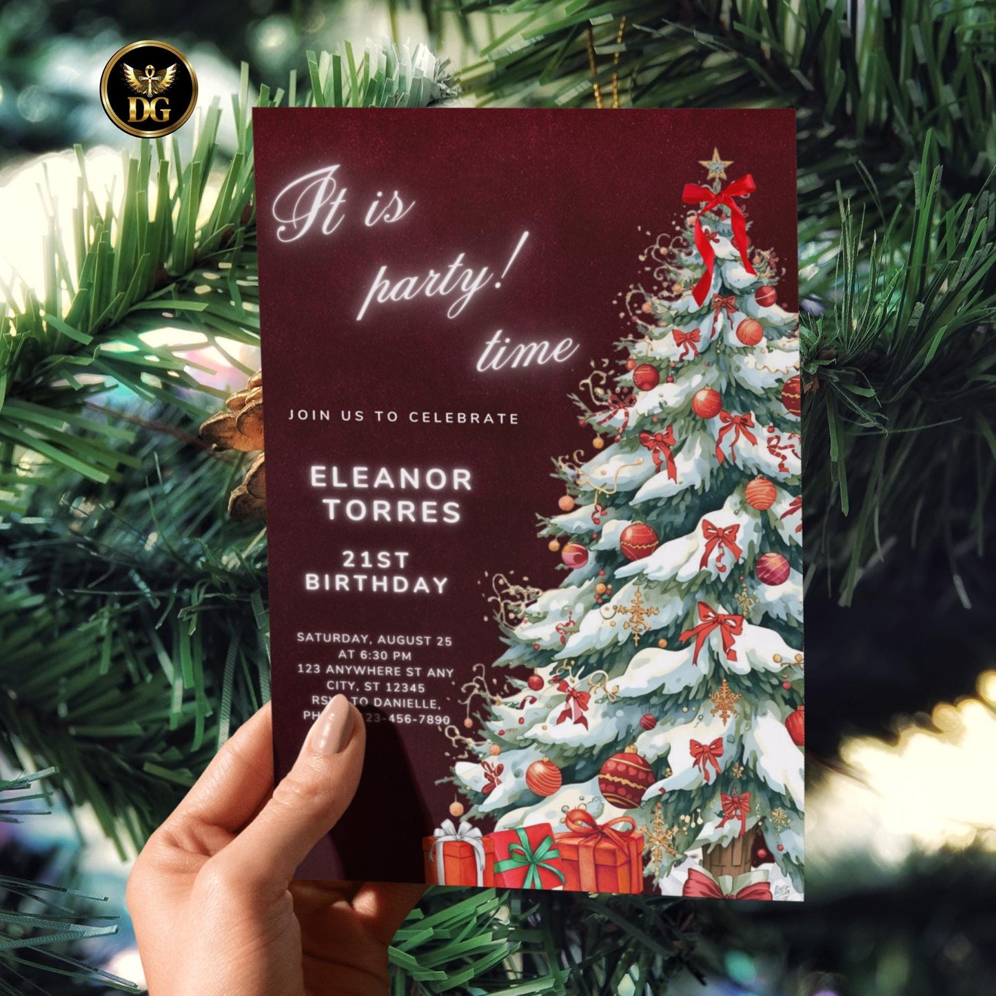 Festive Maroon Christmas Birthday Invitation | Editable 5x7 & Digital 1080x1920 Templates
