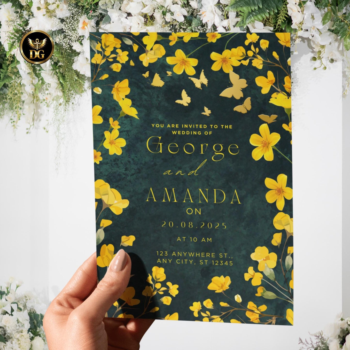 Emerald Green Velvet Wedding Invitation Suite Editable Canva Template with Gold Butterflies Yellow Florals, Elegant Emerald Printable Invite