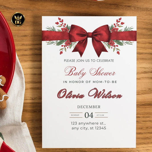 Elegant White Baby Shower Invitation Bundle, 8 Editable Templates with Red Bow Neutral Printable Set Invitation Details RSVP Menu ThankYou