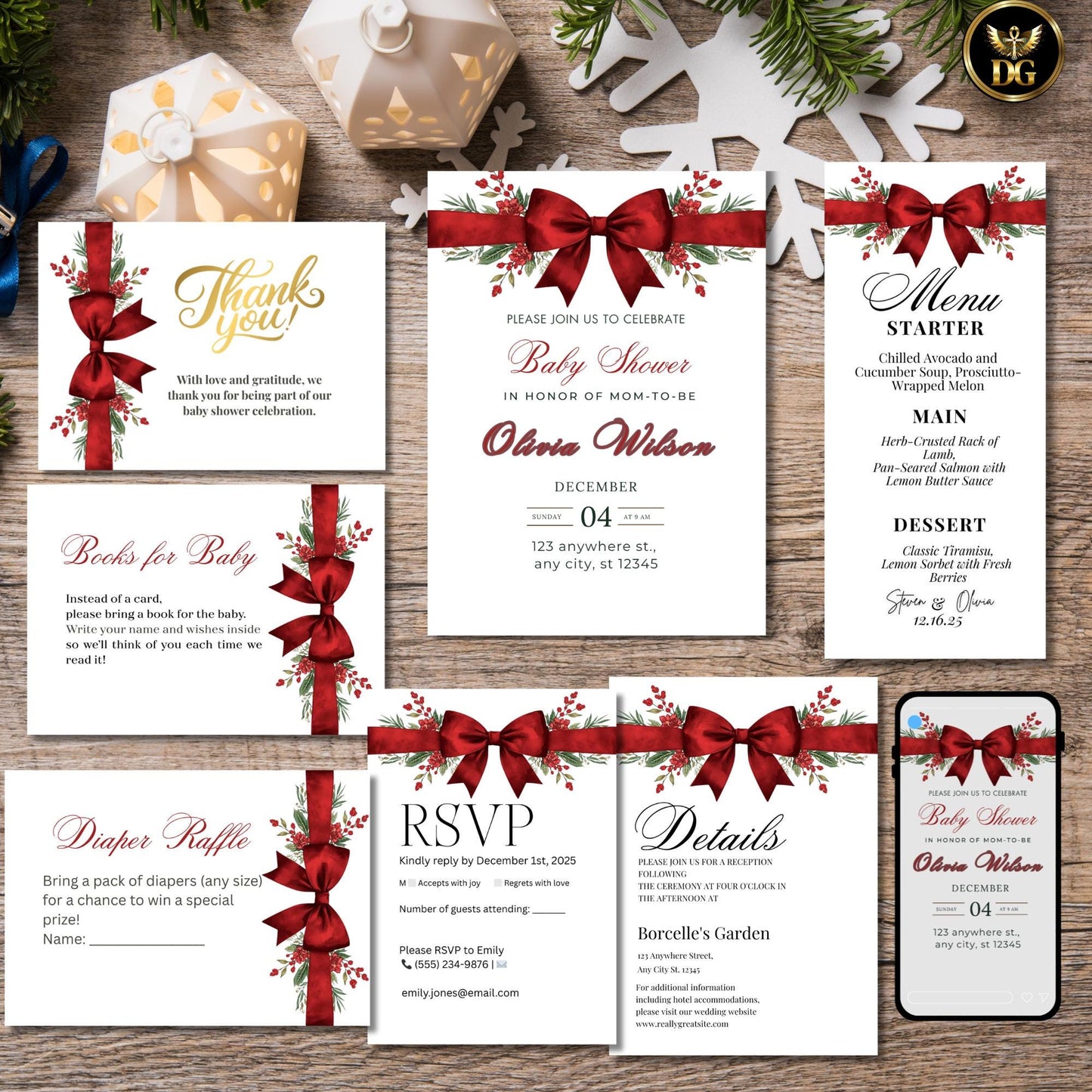 Elegant White Baby Shower Invitation Bundle, 8 Editable Templates with Red Bow Neutral Printable Set Invitation Details RSVP Menu ThankYou