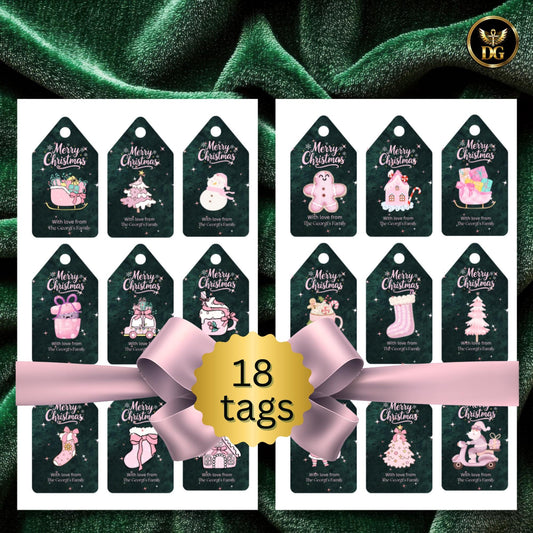 Luxury Emerald, Pink Christmas Gift Tags 18 Printable Holiday Tags with Velvet Green Background Elegant Feminine Christmas Instant Download