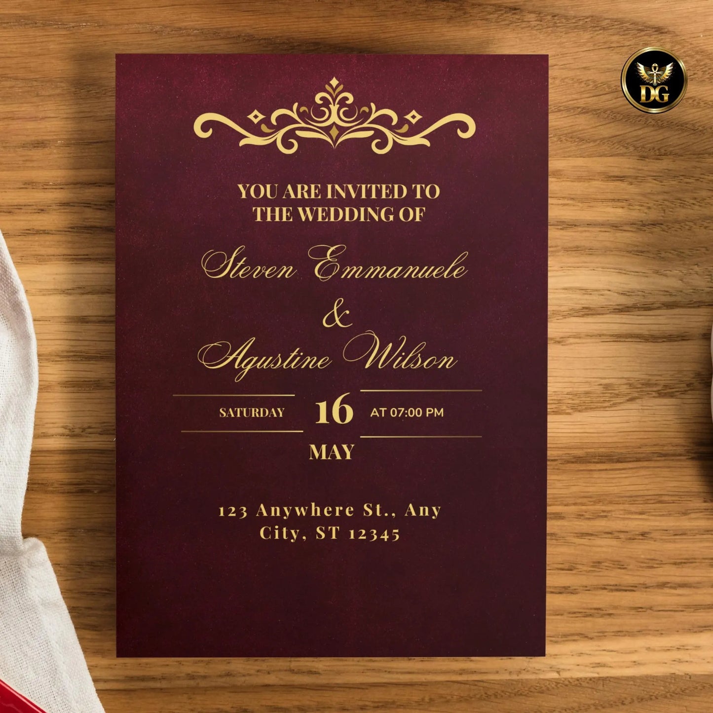 Editable Burgundy and Gold Wedding Invitation Suite, Luxury Wedding Template Bundle with Matching Welcome Sign, Printable Wedding Set