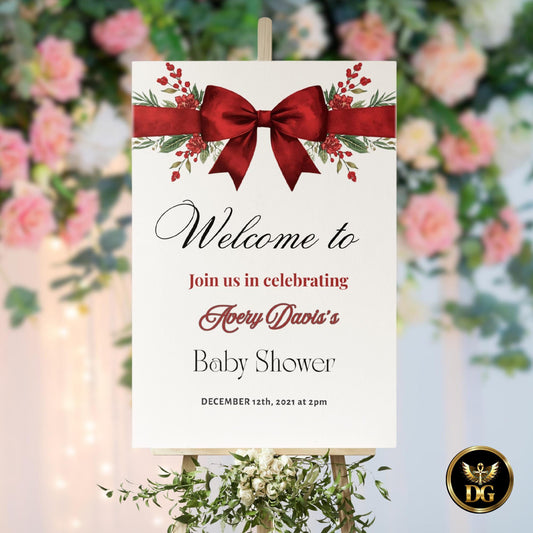 Christmas Baby Shower Signs Bundle | 6 Editable Canva Templates | Welcome & Table Signs | Matching Items Available Red Bow