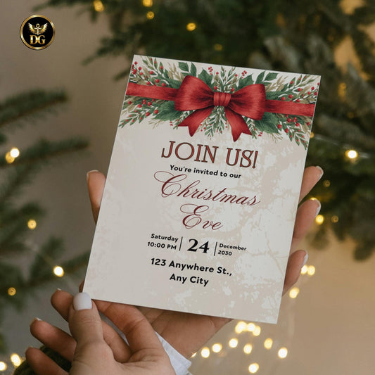 Christmas Eve Party Invitation Template Set, Elegant Red Bow & Gold Holiday Invite, Digital Download, Menu, RSVP, Thank You, Details Card