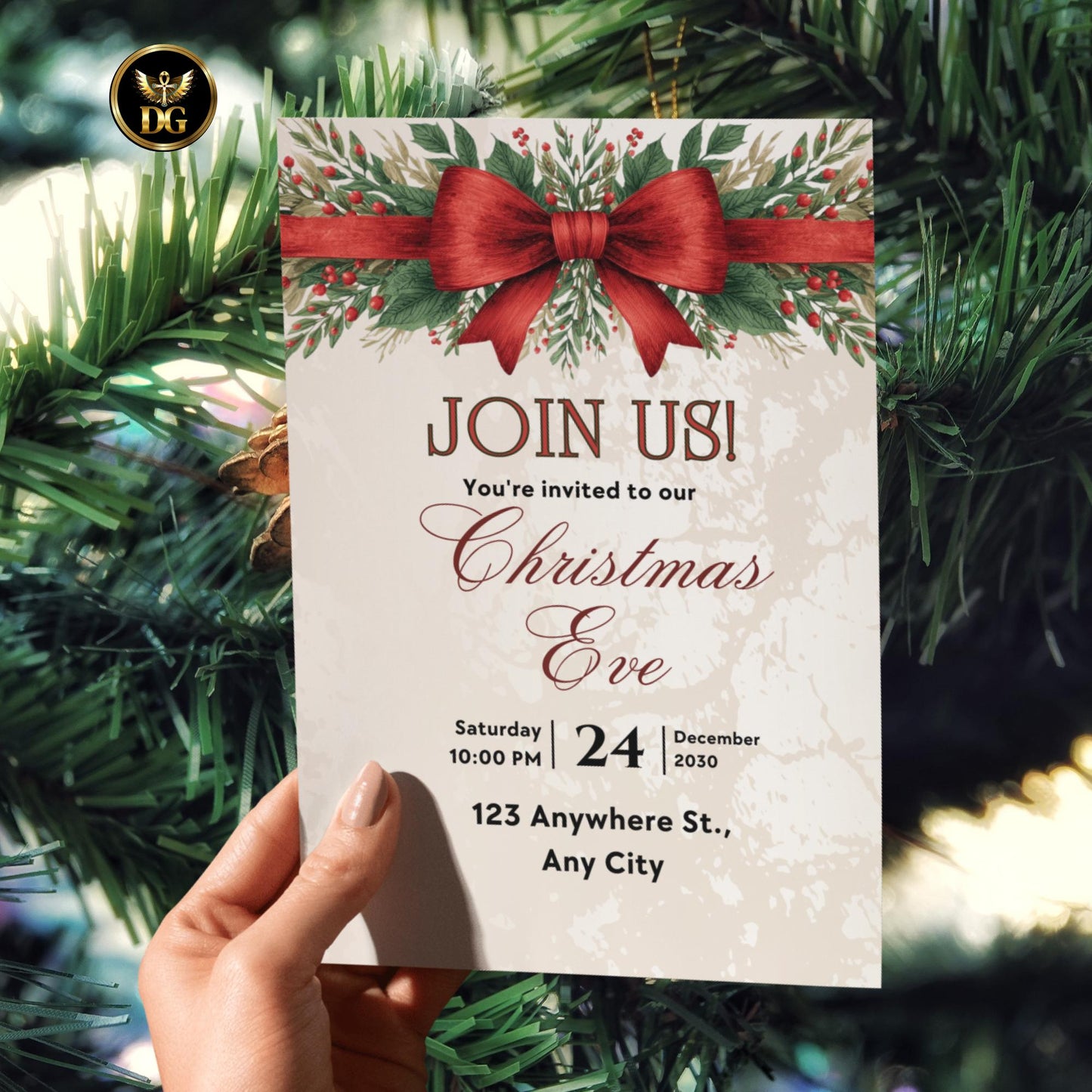 Christmas Eve Party Invitation, Elegant Red Bow & Gold, Digital Template, Printable Size