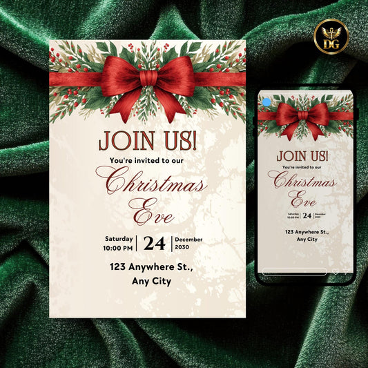 Christmas Eve Party Invitation, Elegant Red Bow & Gold, Digital Template, Printable Size